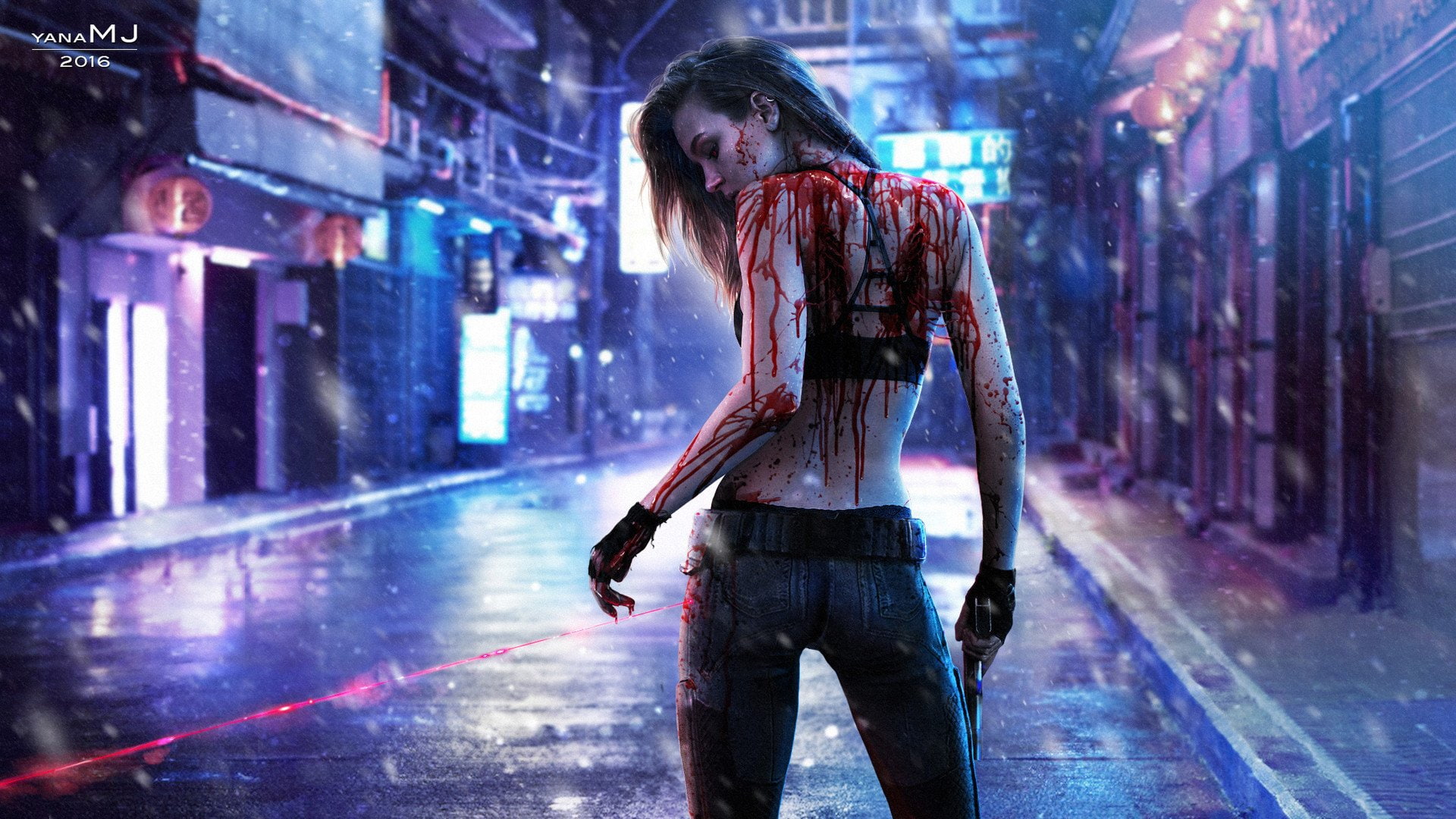 Video Game Cyberpunk Blood Girl Gun Laser Rain 2k
