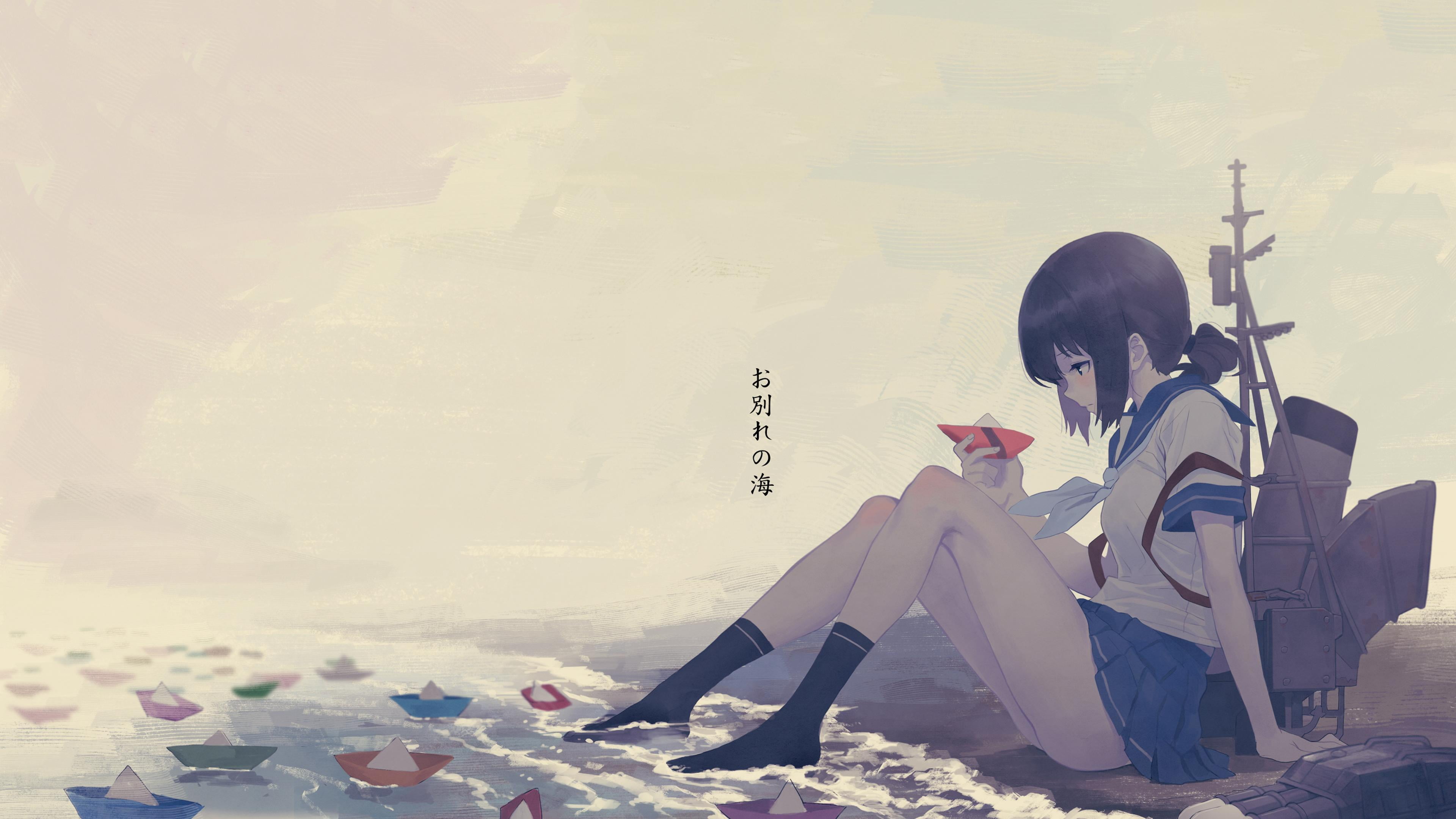 black haired female anime character girls school uniform 2k 4k