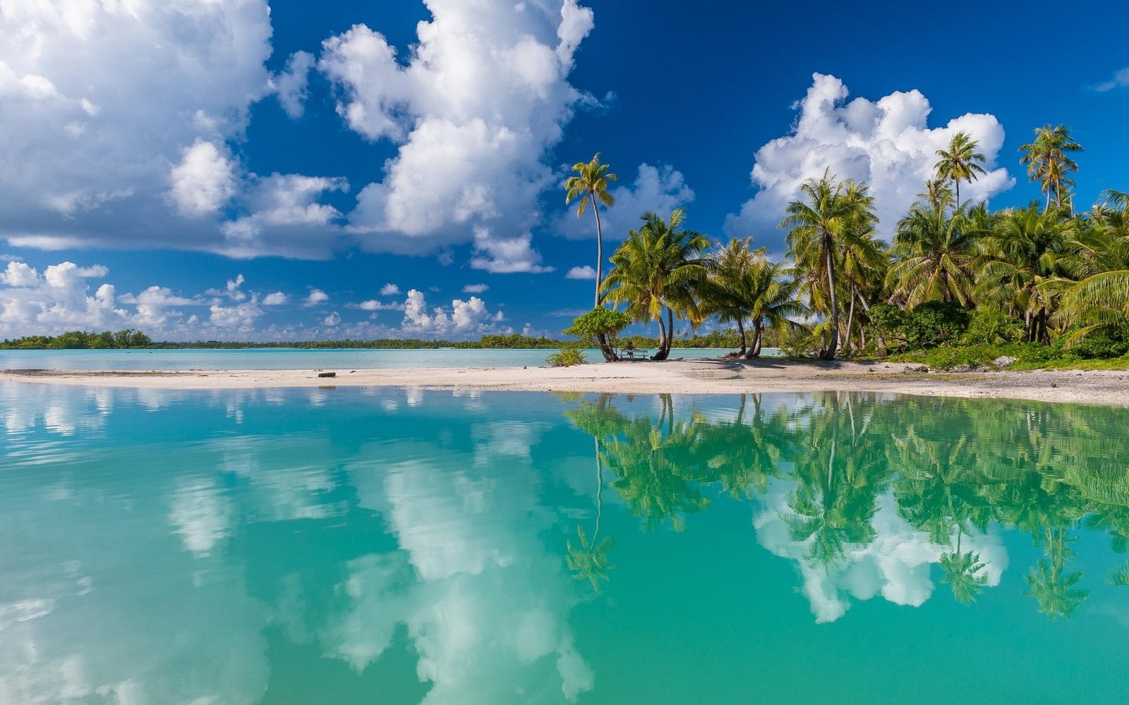 clouds sand summer white tropical palm trees turquoise 2k