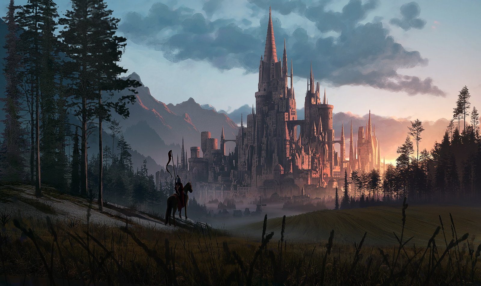 digital art knight soldier flag horse landscape forest 2k