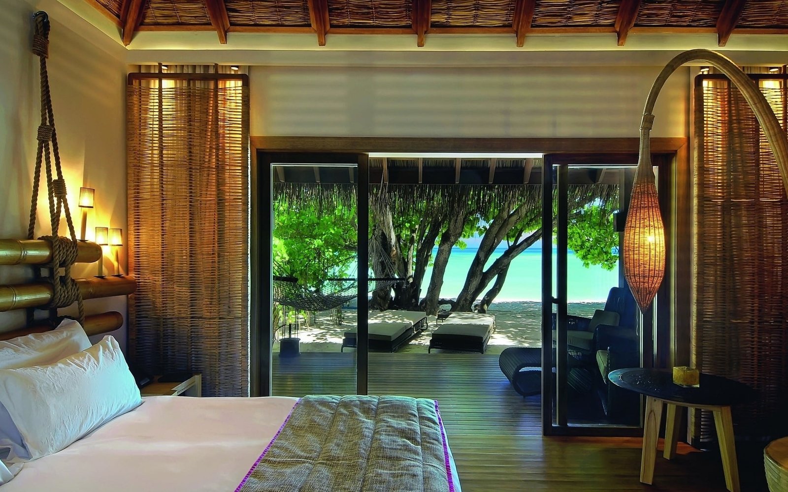 glass panel door with black steel frame room trees bed interior 2k