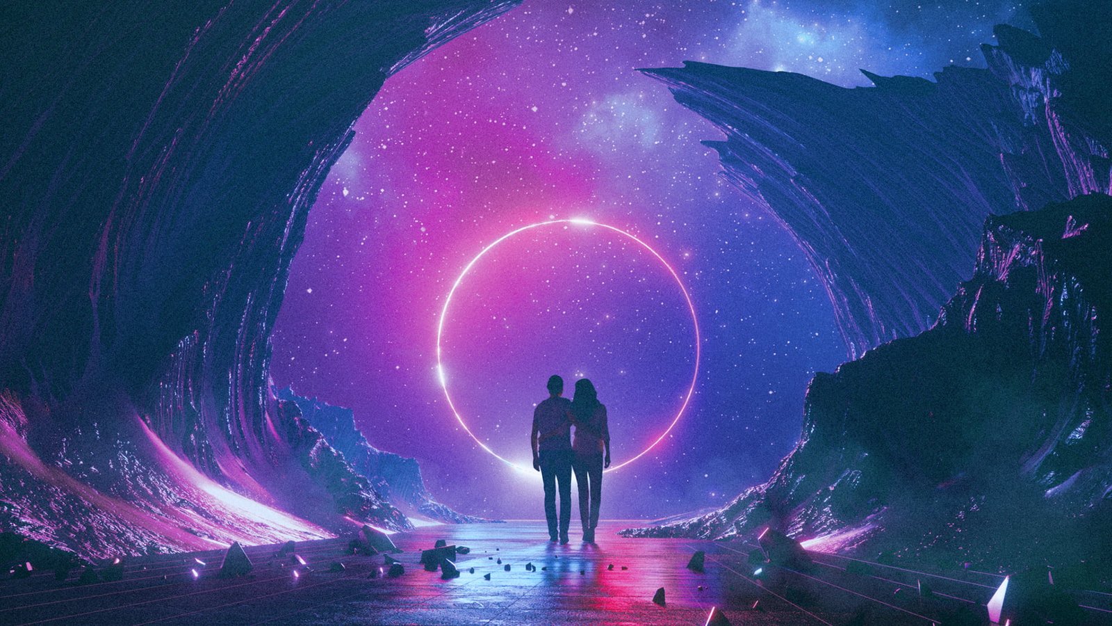 man and woman between rocks illustration graphic art 2k