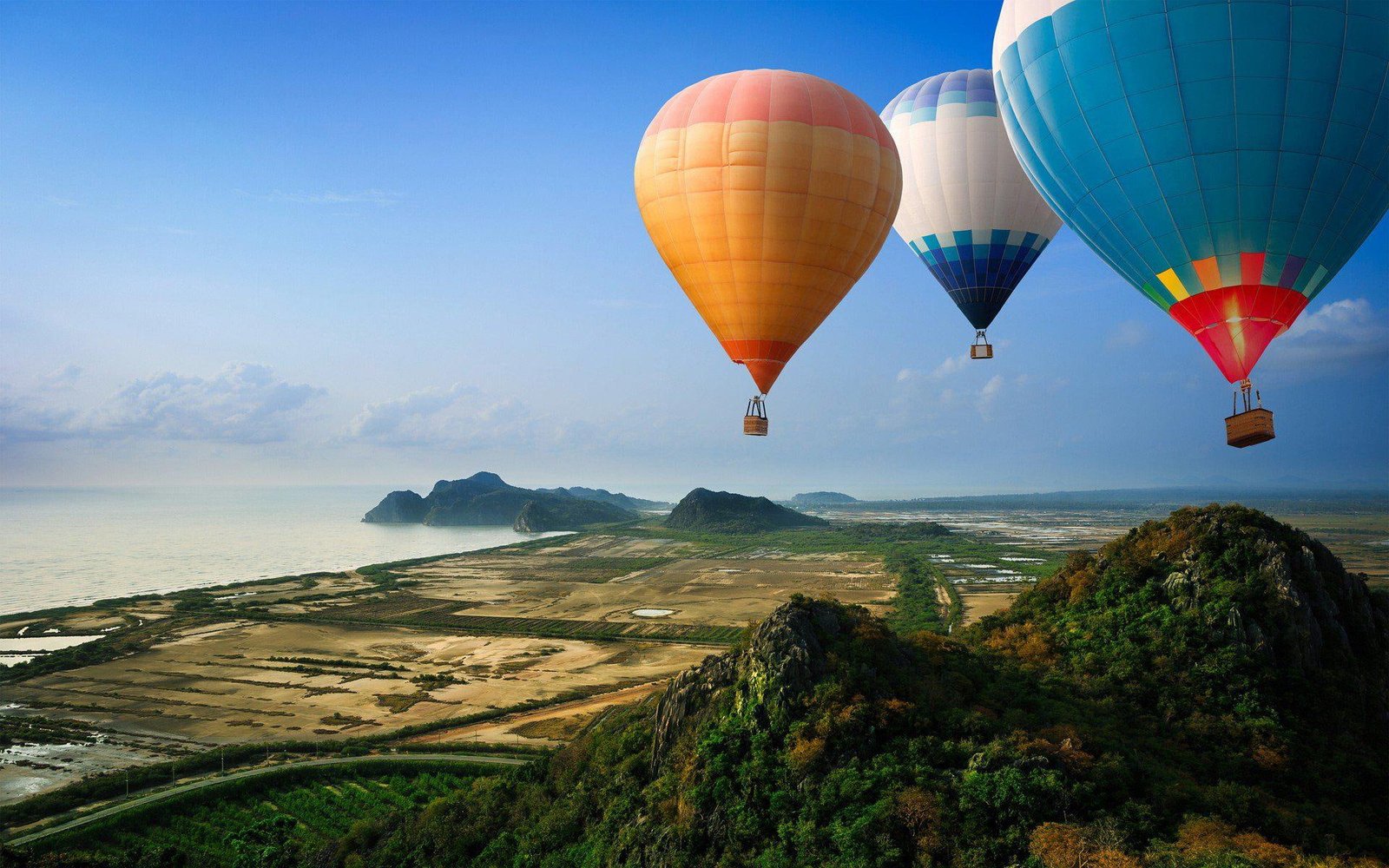 Mountain Nature Landscape Rock Tree Sunset Green Lake Reflection Ultrahd Desktop Backgrounds three hot air balloons 2k