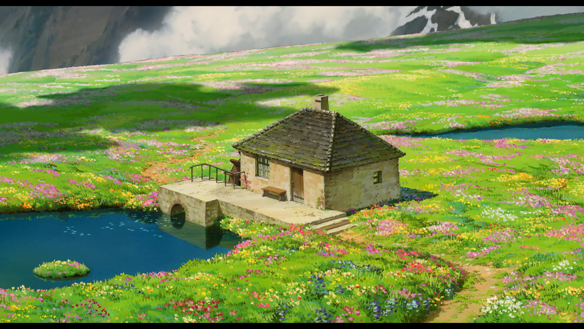 Movie Howl's Moving Castle Cottage Field Flower House 2k
