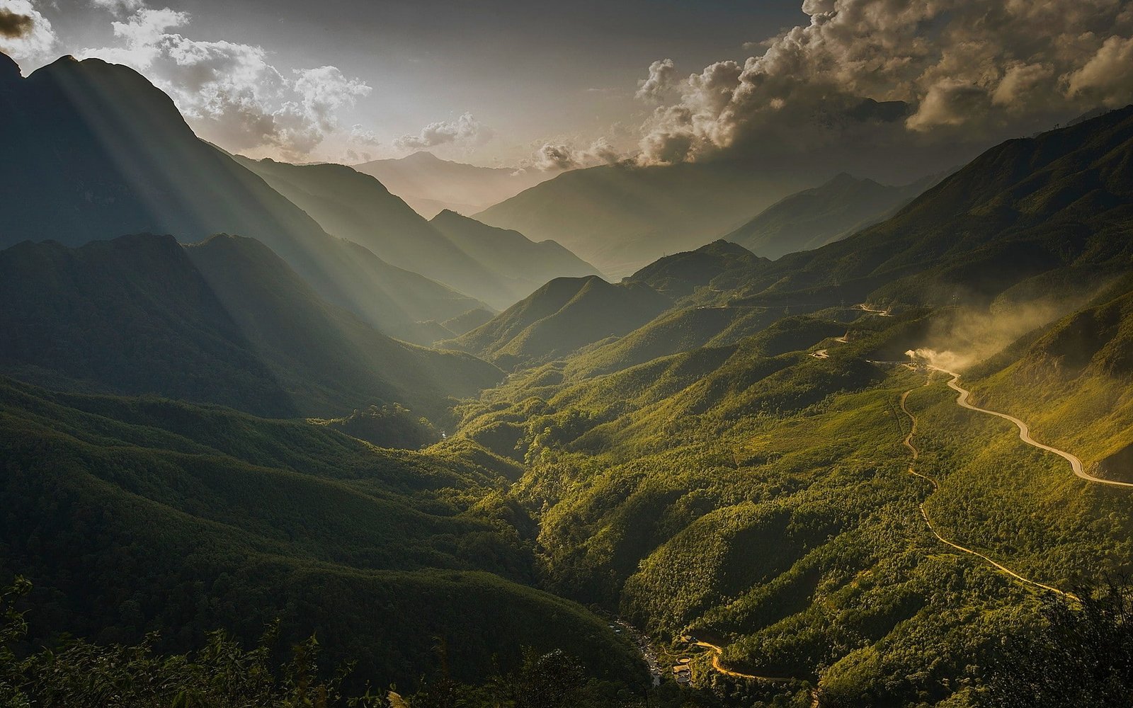 nature landscape sun rays mountains valley river mist 2k