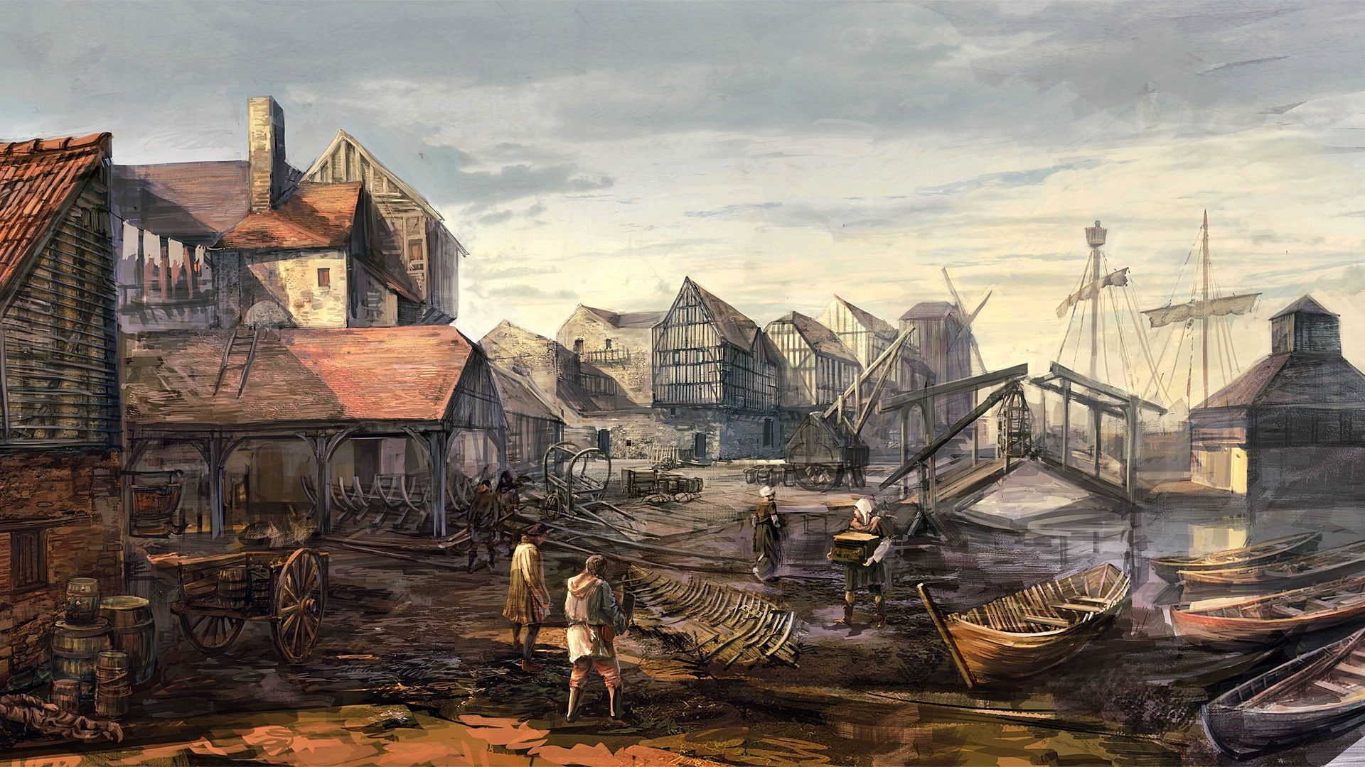 Video Games The Witcher 3 Wild Hunt Concept Art Buildings Boat People boats parked along the shore illustration 2k