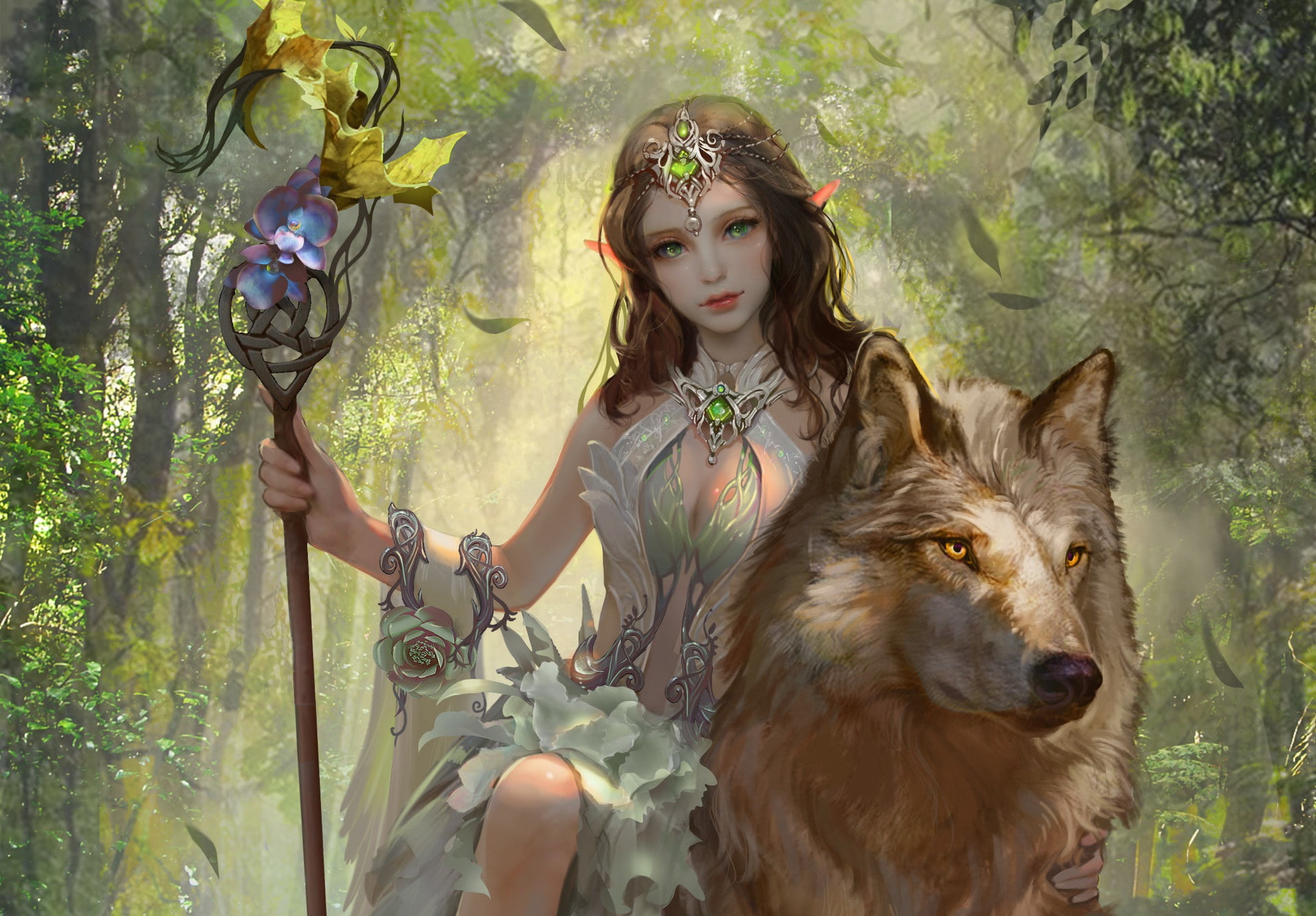 digital art women wolf nature fantasy elven princess 2k