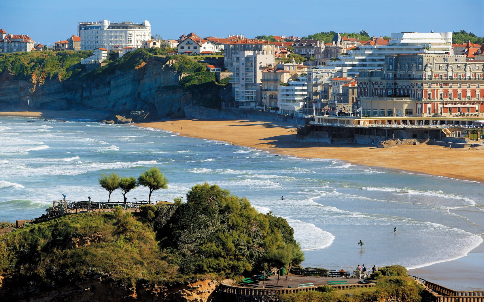 green leafed trees biarritz france sea shore tide coastline 2k