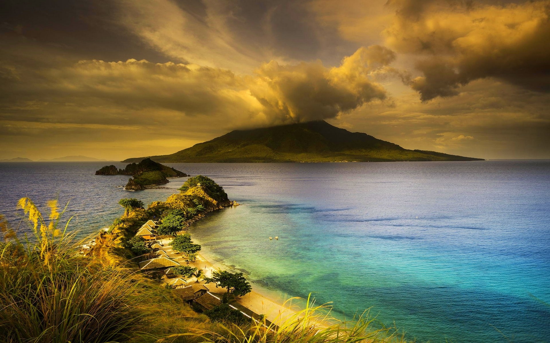 nature landscape Philippines volcano beach island clouds 2k