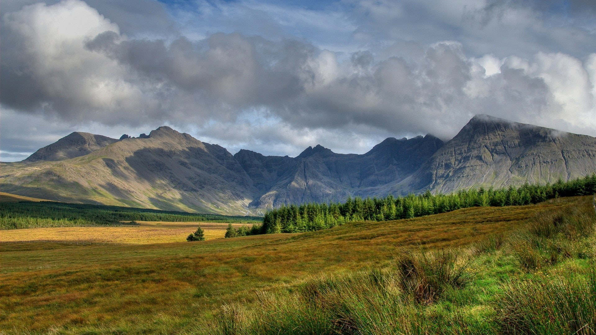Scotland scenery sky clouds mountains slope trees grass 2k