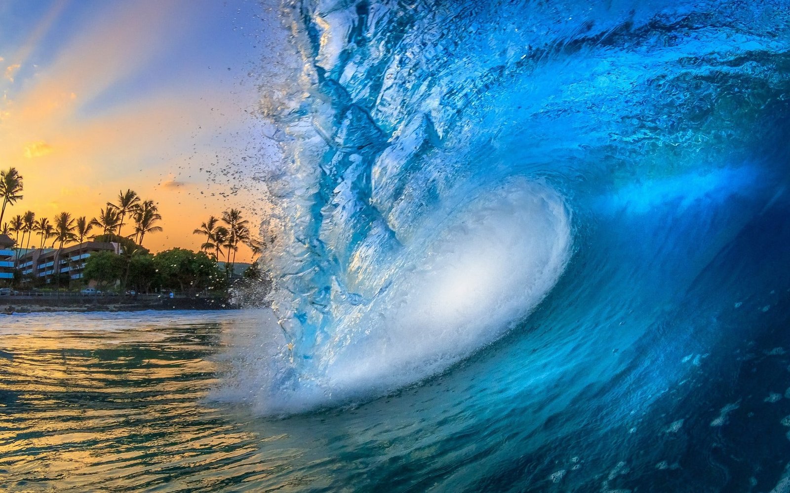 waves artwork nature landscape beach Hawaii building palm trees 2k