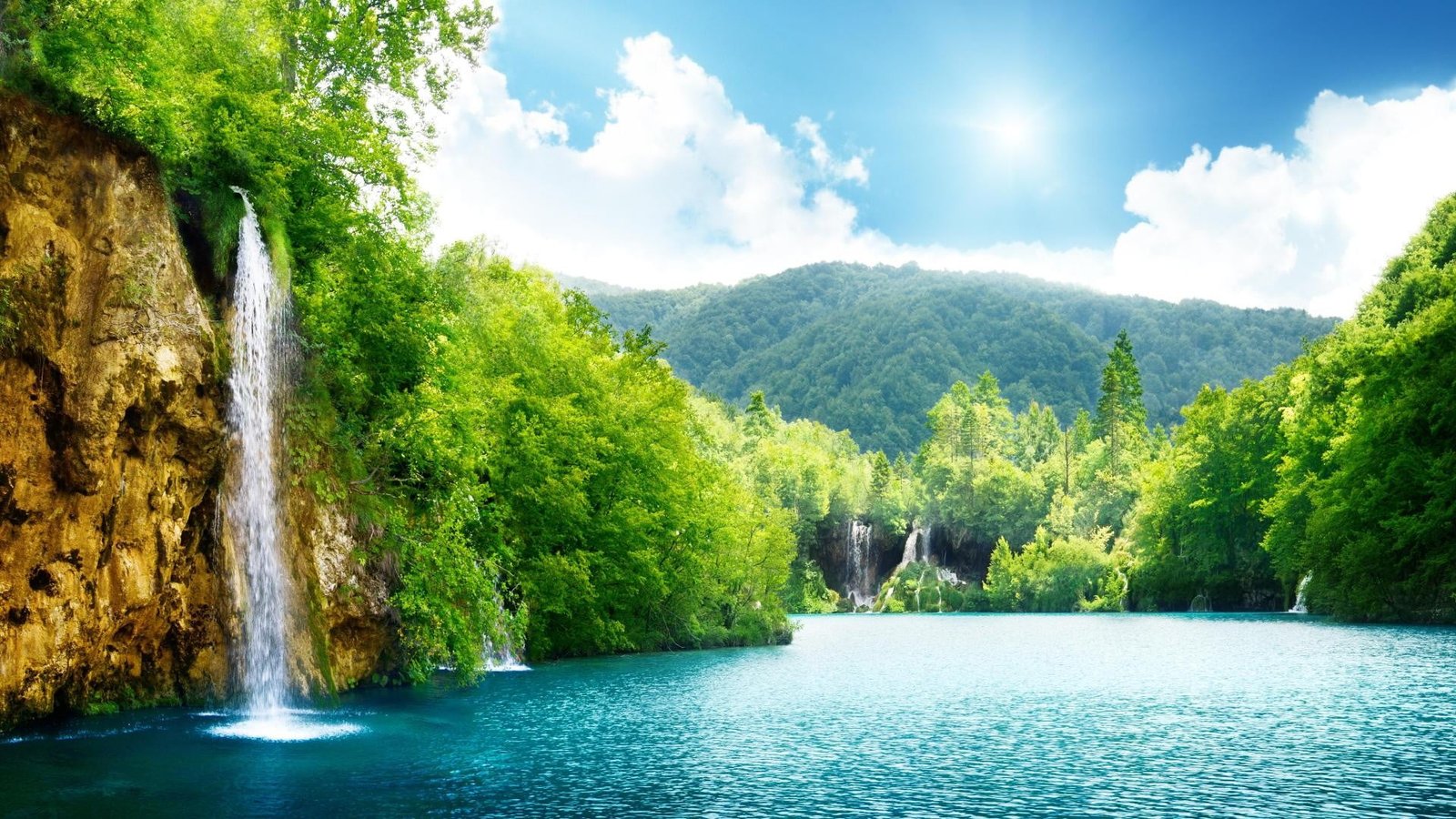 green leafed trees nature landscape waterfall scenics 2k