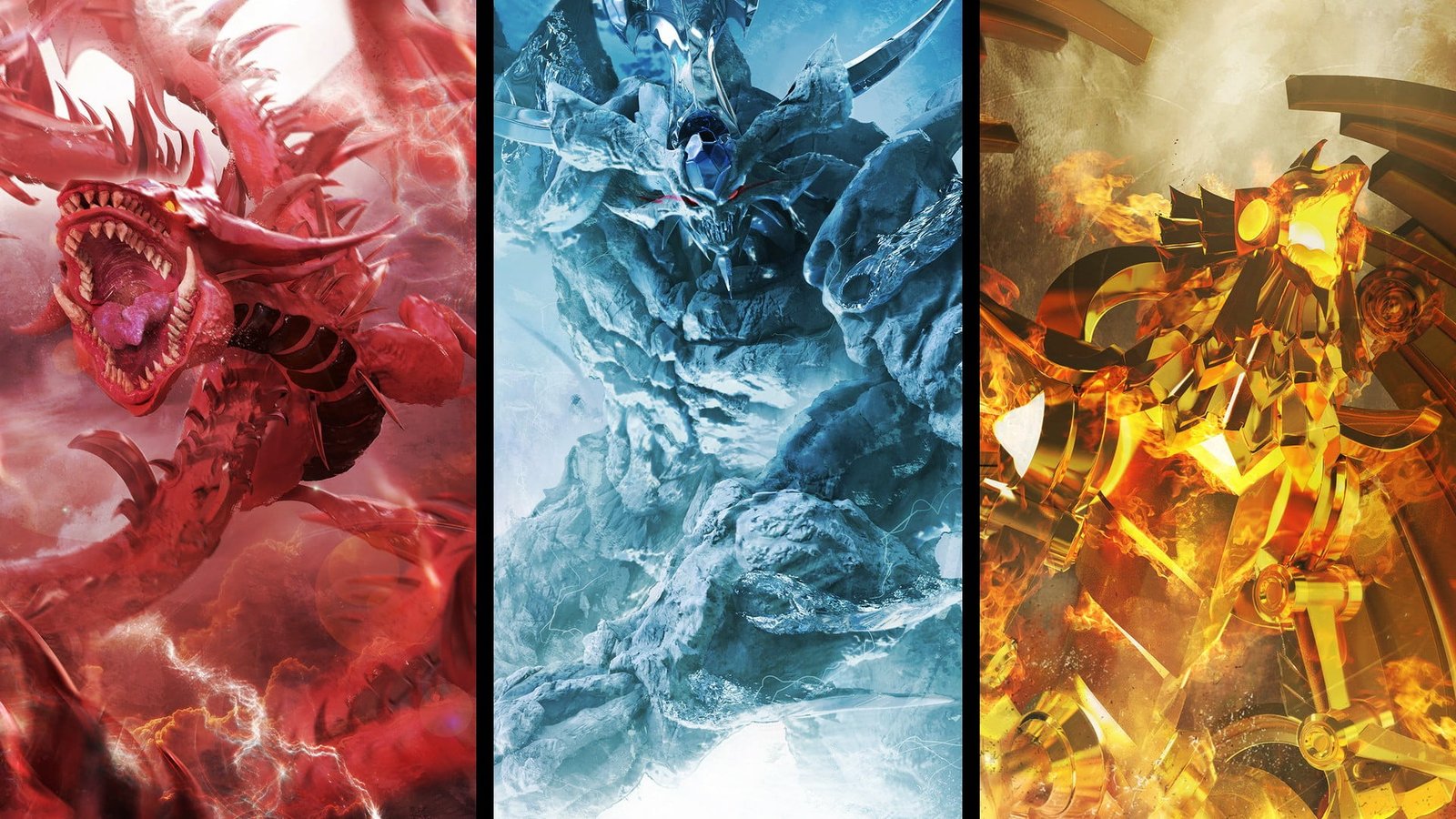 three monster characters digital wallpaper yugioh Slypher Obelisk 2k