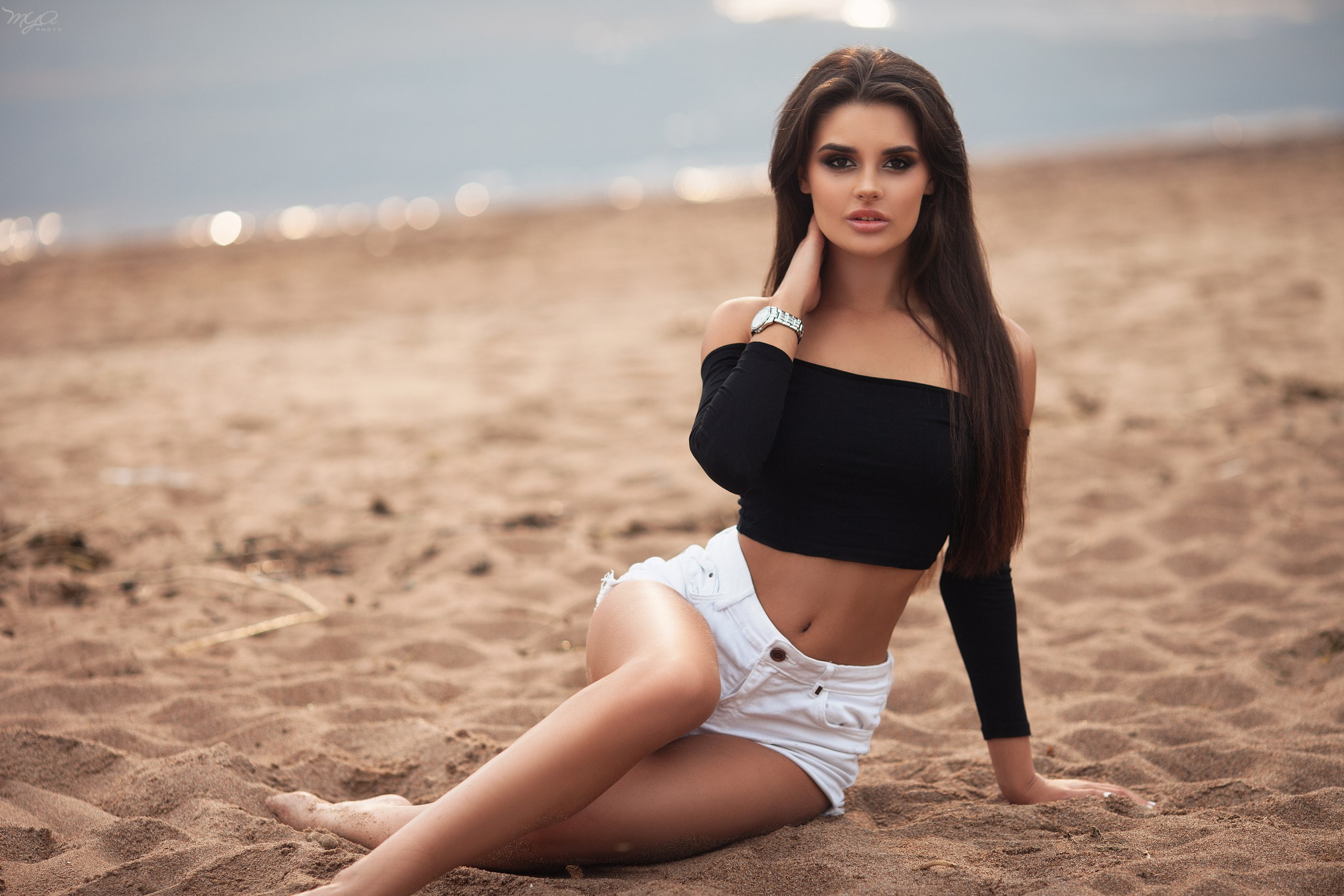 women sand belly depth of field tanned sitting long hair 2k