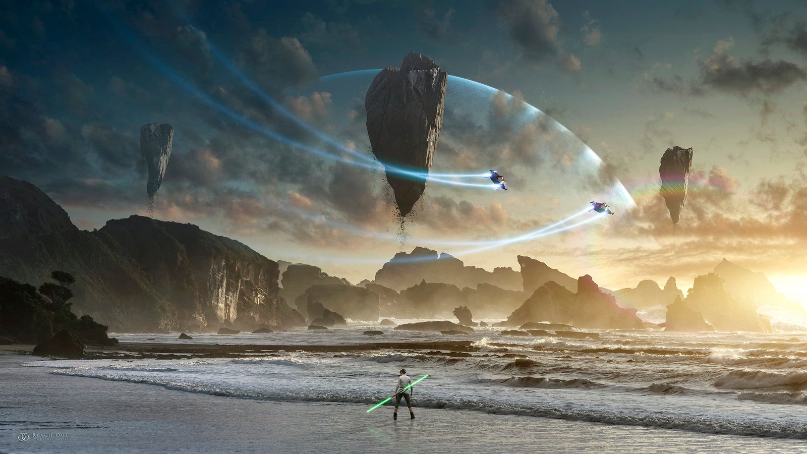 person holding saber on shore digital wallpaper Star Wars The Last Jedi 2k