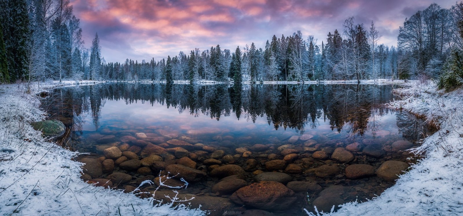 calm lake nature landscape winter forest snow morning trees 2k