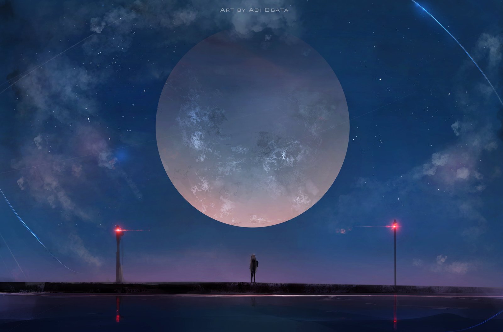 full moon digital wallpaper Aoi Ogata art stars night 2k 4k 5k