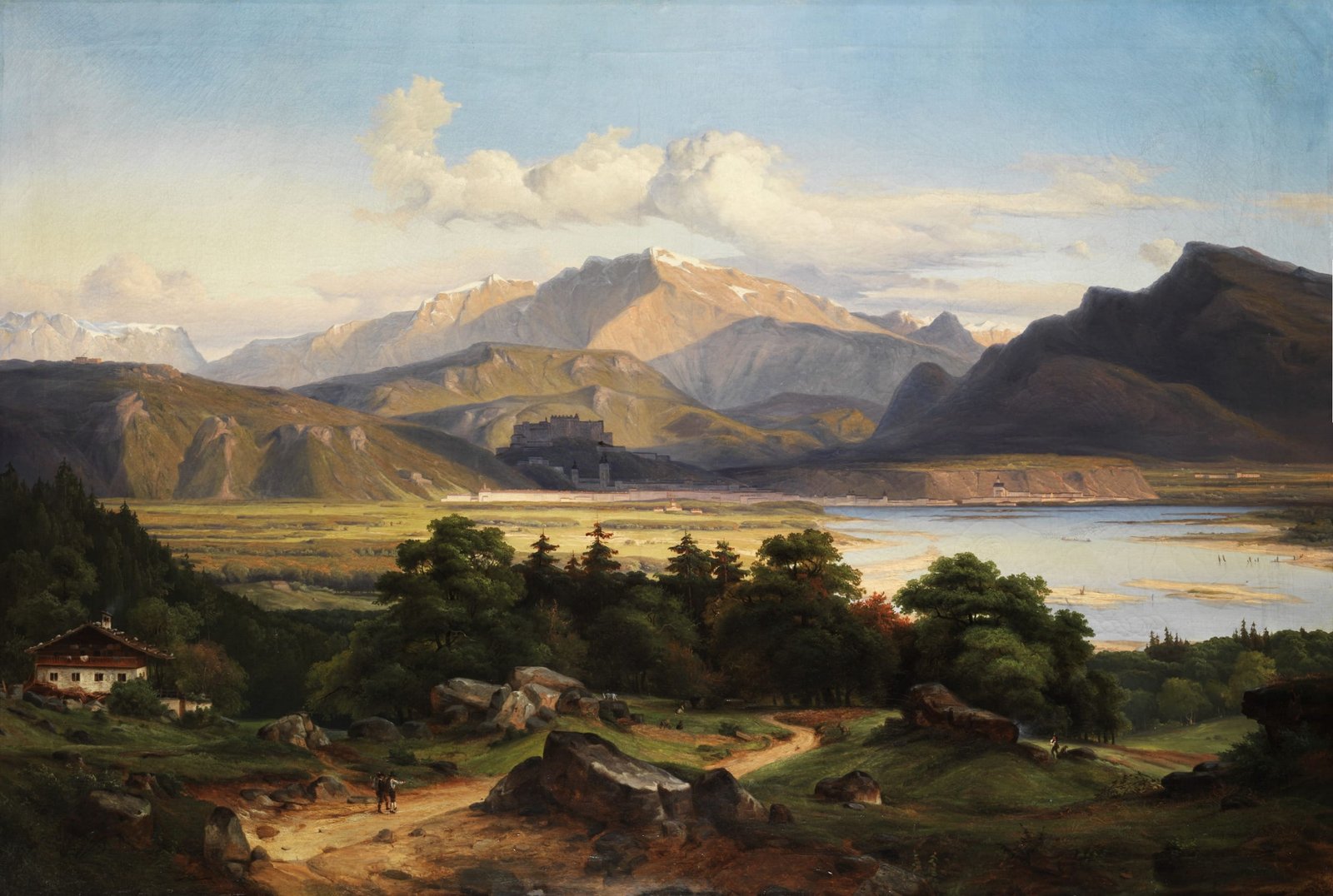 body of water beside mountain near trees george crola art artistic 2k
