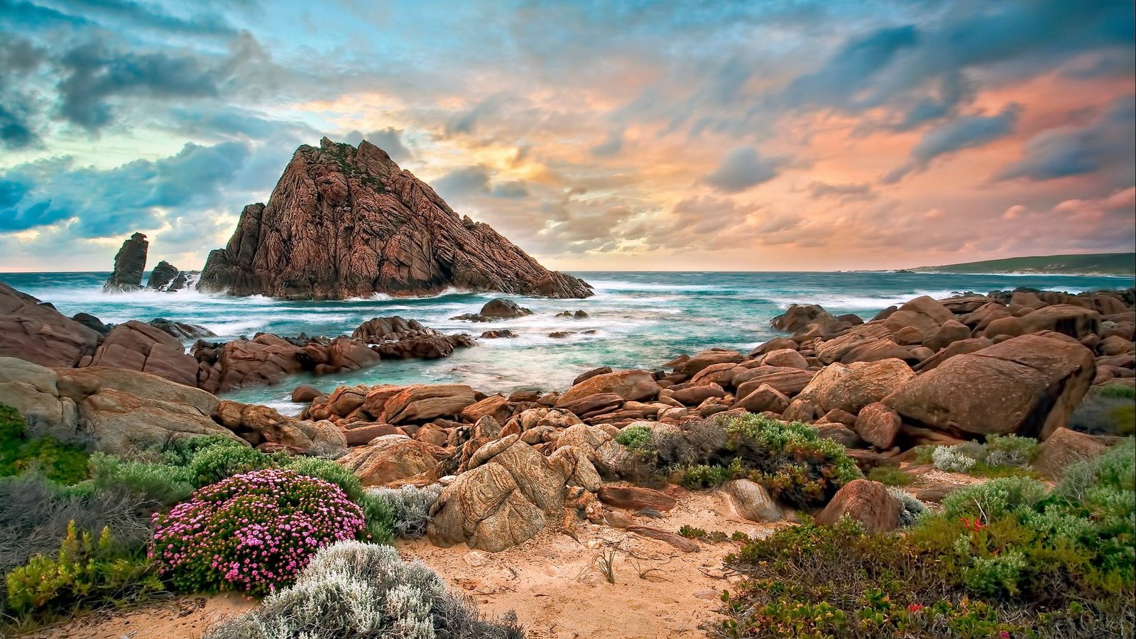 Landscape photograpy sand flowers beach rock sunset clouds 2k