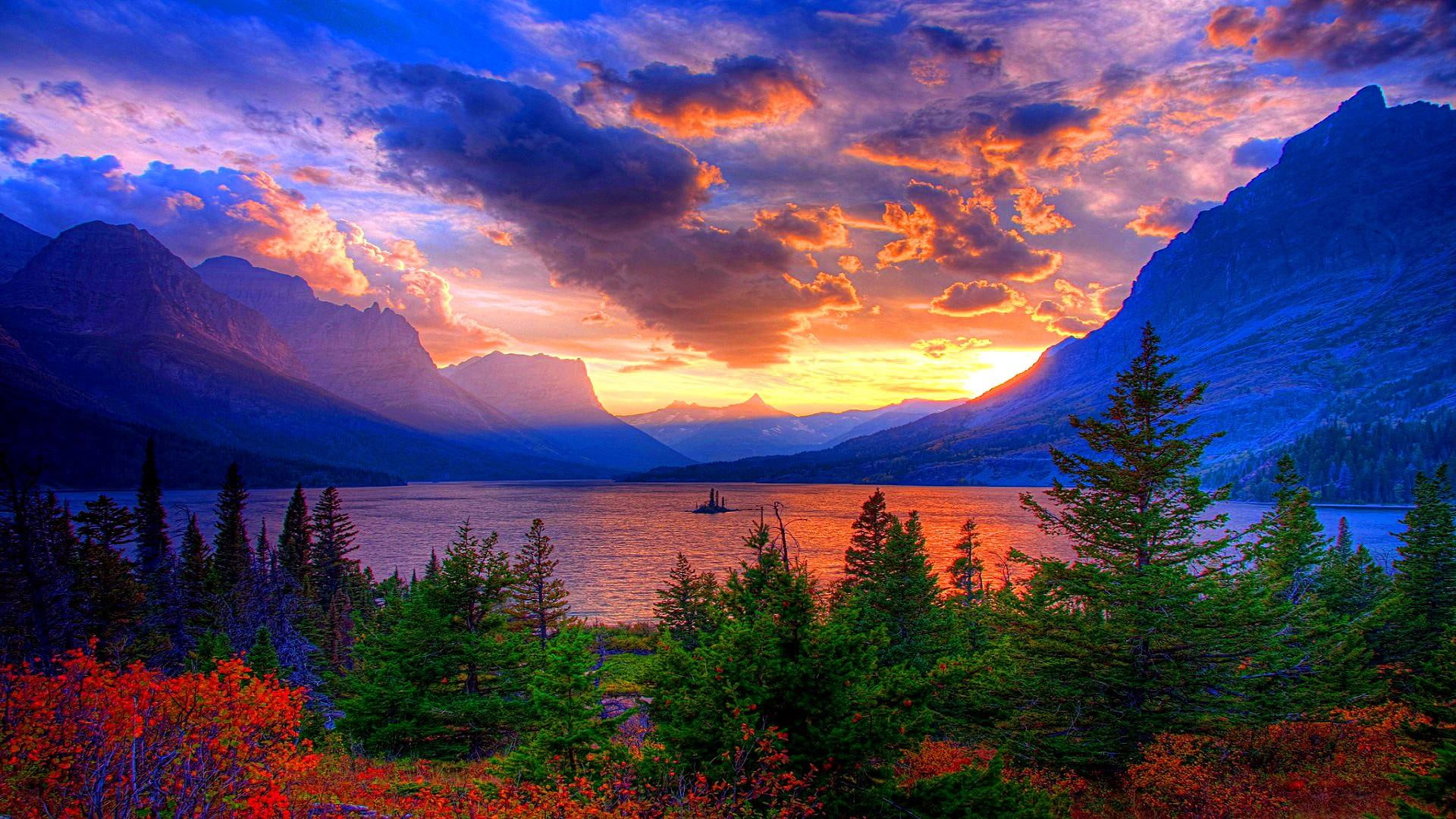 saint mary lake montana united states landscape sunset 2k