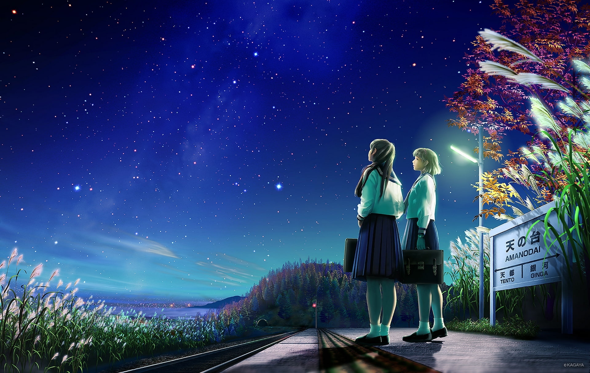 two girls CGI artwork road stars night nature sign anime 2k
