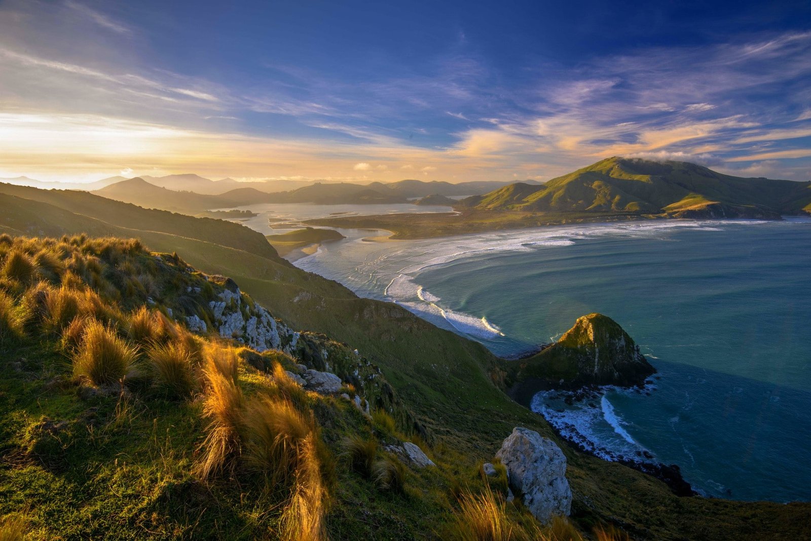 sunset beach grass New Zealand sea mountains clouds nature 2k
