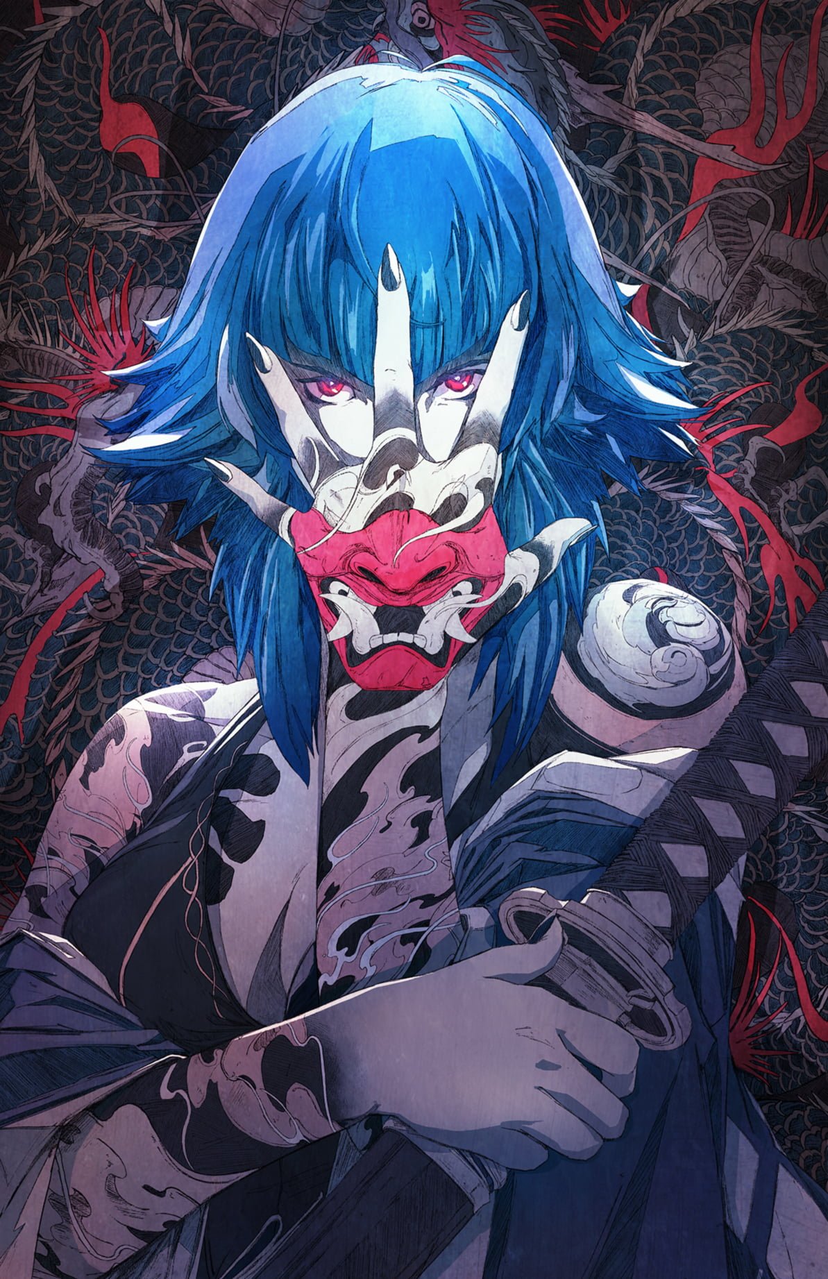 anime girls original characters women red eyes covered face