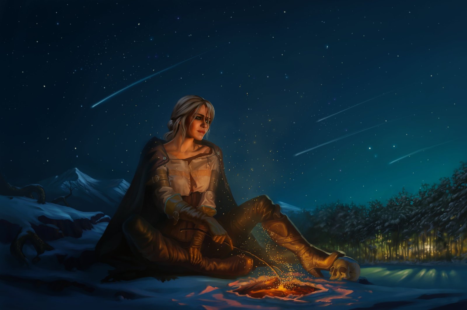 forest the sky girl snow trees mountains night skull 2k 4k 5k