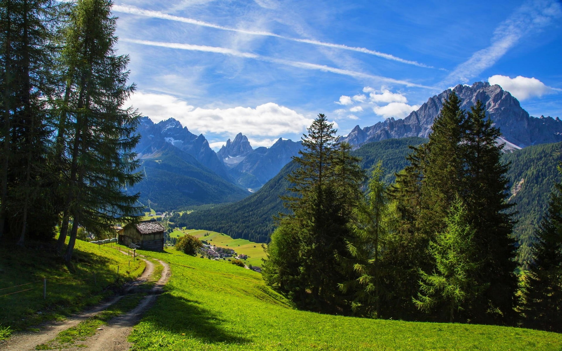 green grass nature landscape mountains Alps valley path 2k