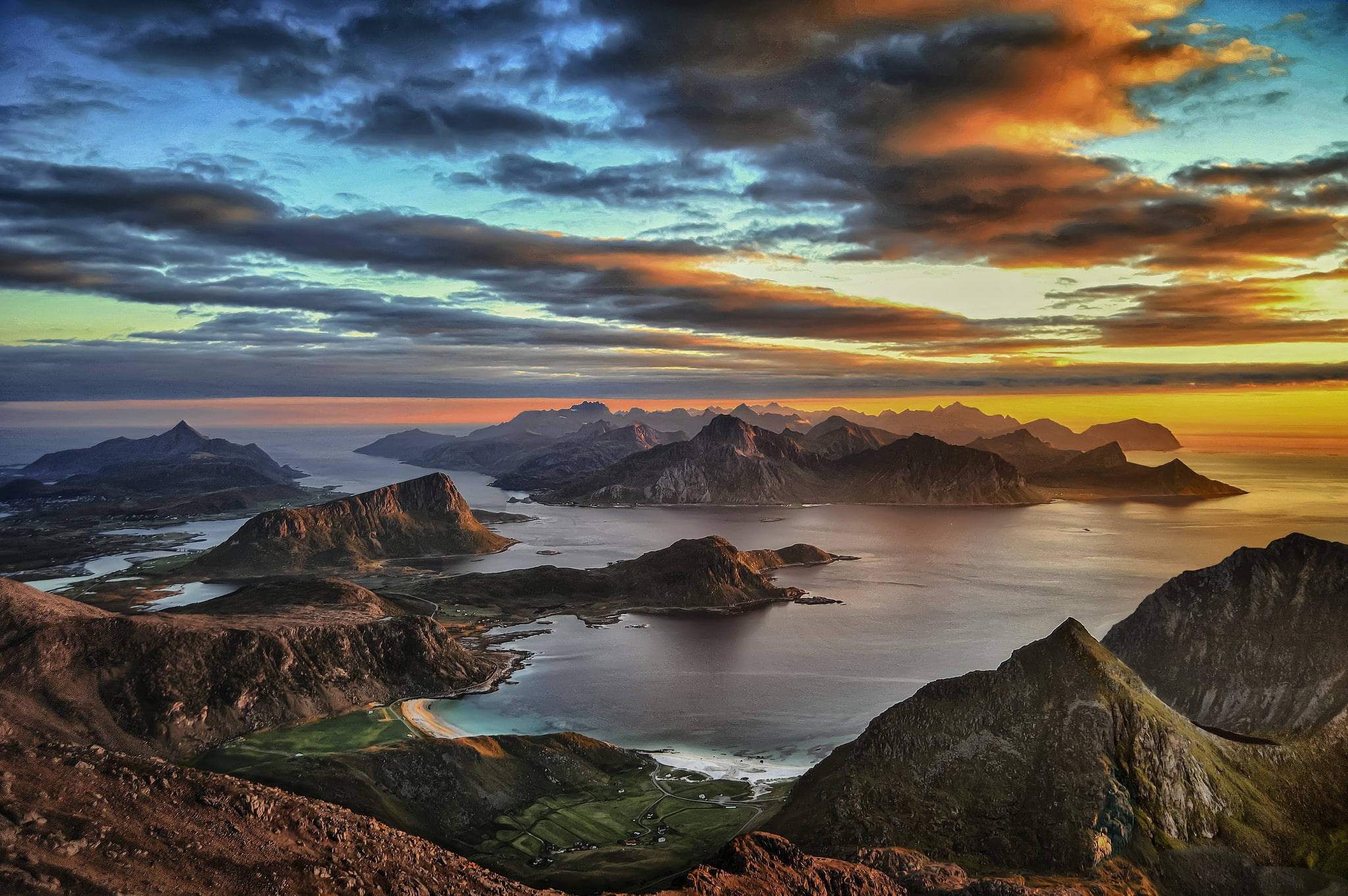 mountain range sunset island Lofoten mountains Norway clouds 2k