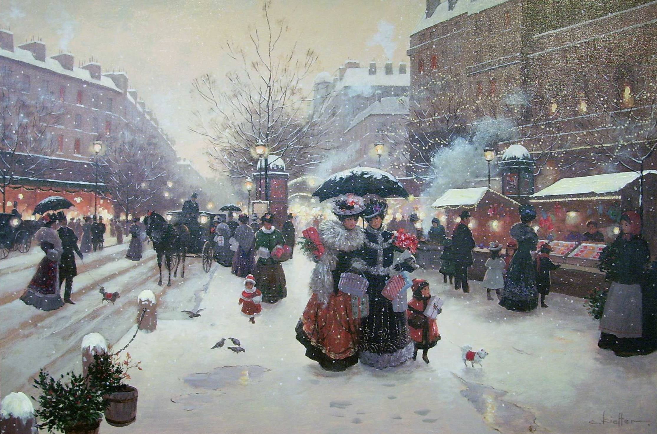 old time scenery painting winter holiday ladies street France 2k