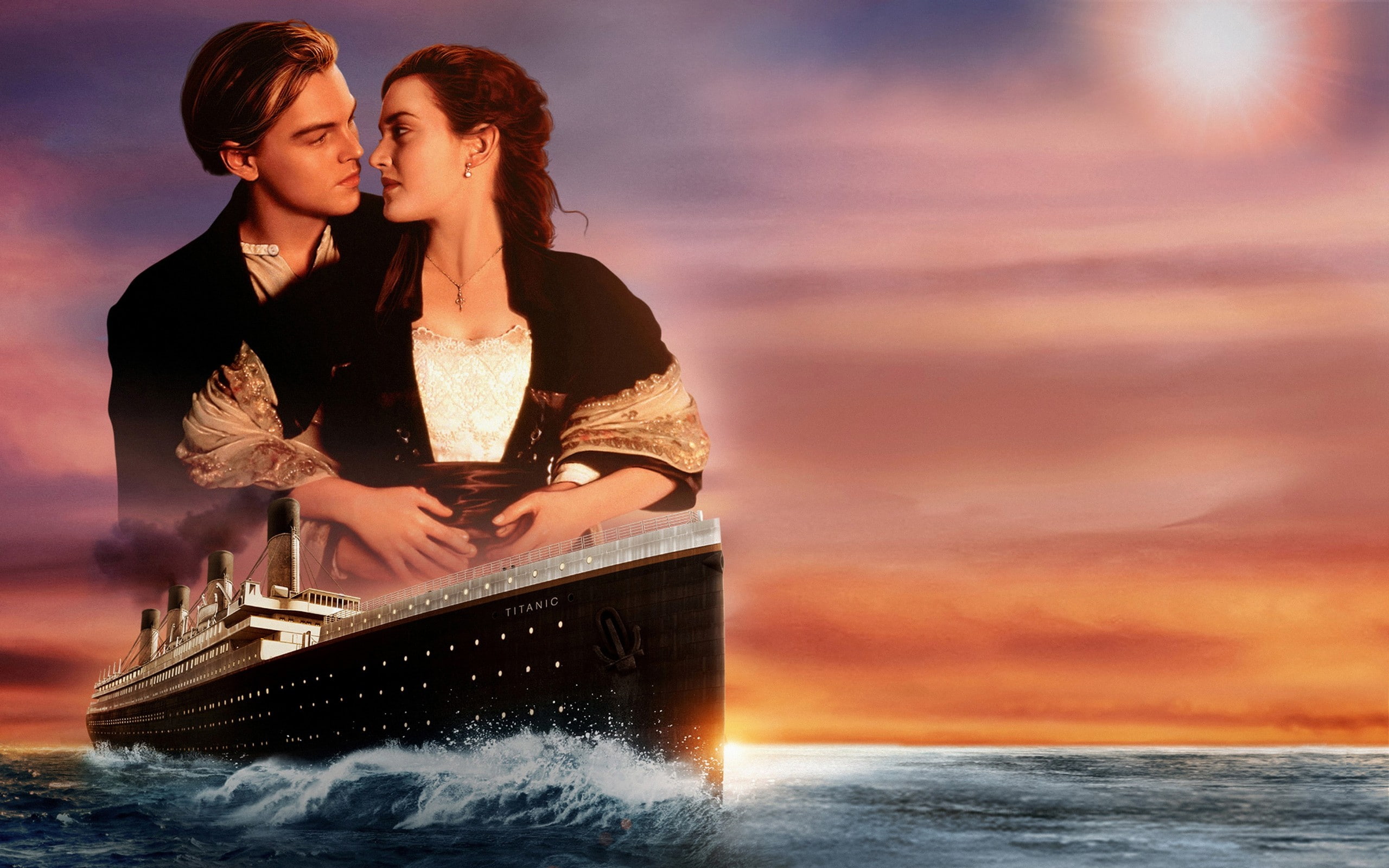 Titanic movie wallpaper love sunset ship pair Leonardo DiCaprio 2k
