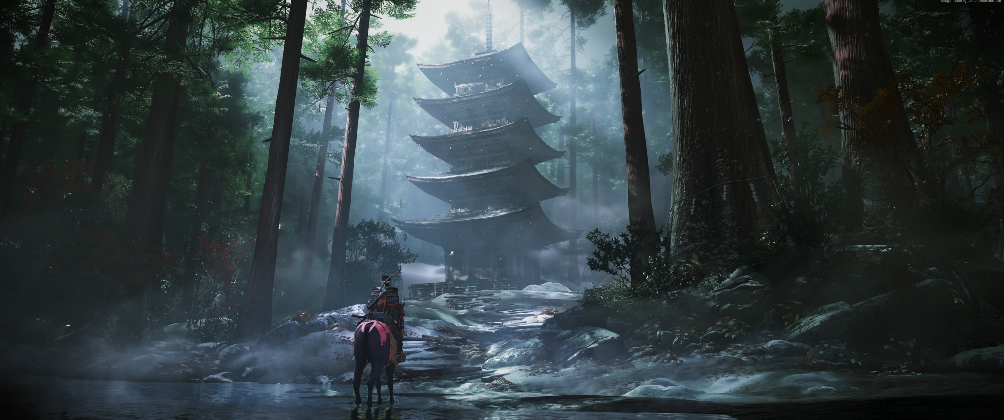 video games Video Game Art tower horse samurai Ghost of Tsushima 2k