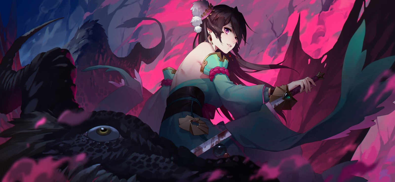 women dark hair purple eyes kimono anime girls artwork 2k 4k