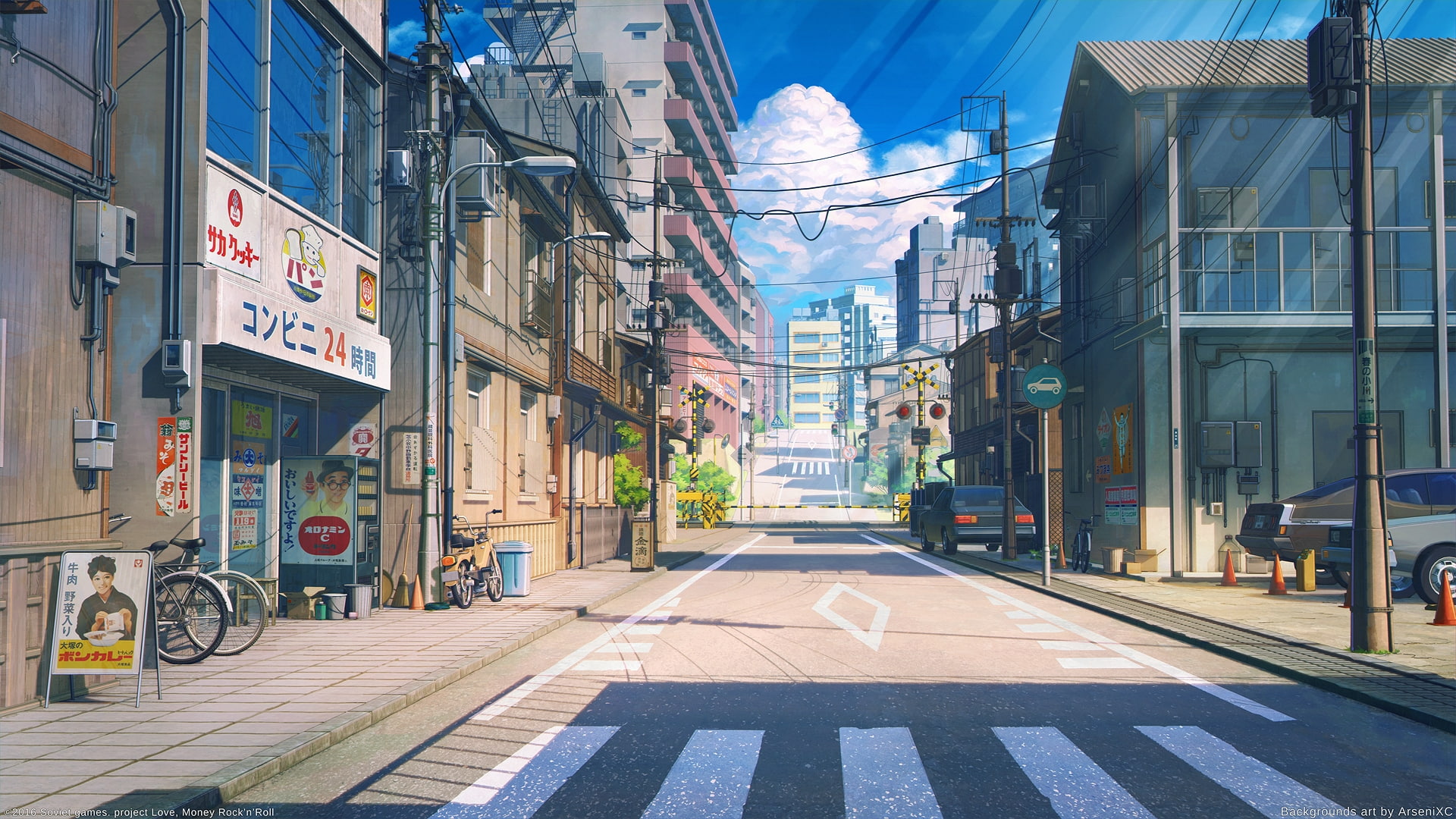 glass buildings anime street scenic bicycle cars road clouds 2k