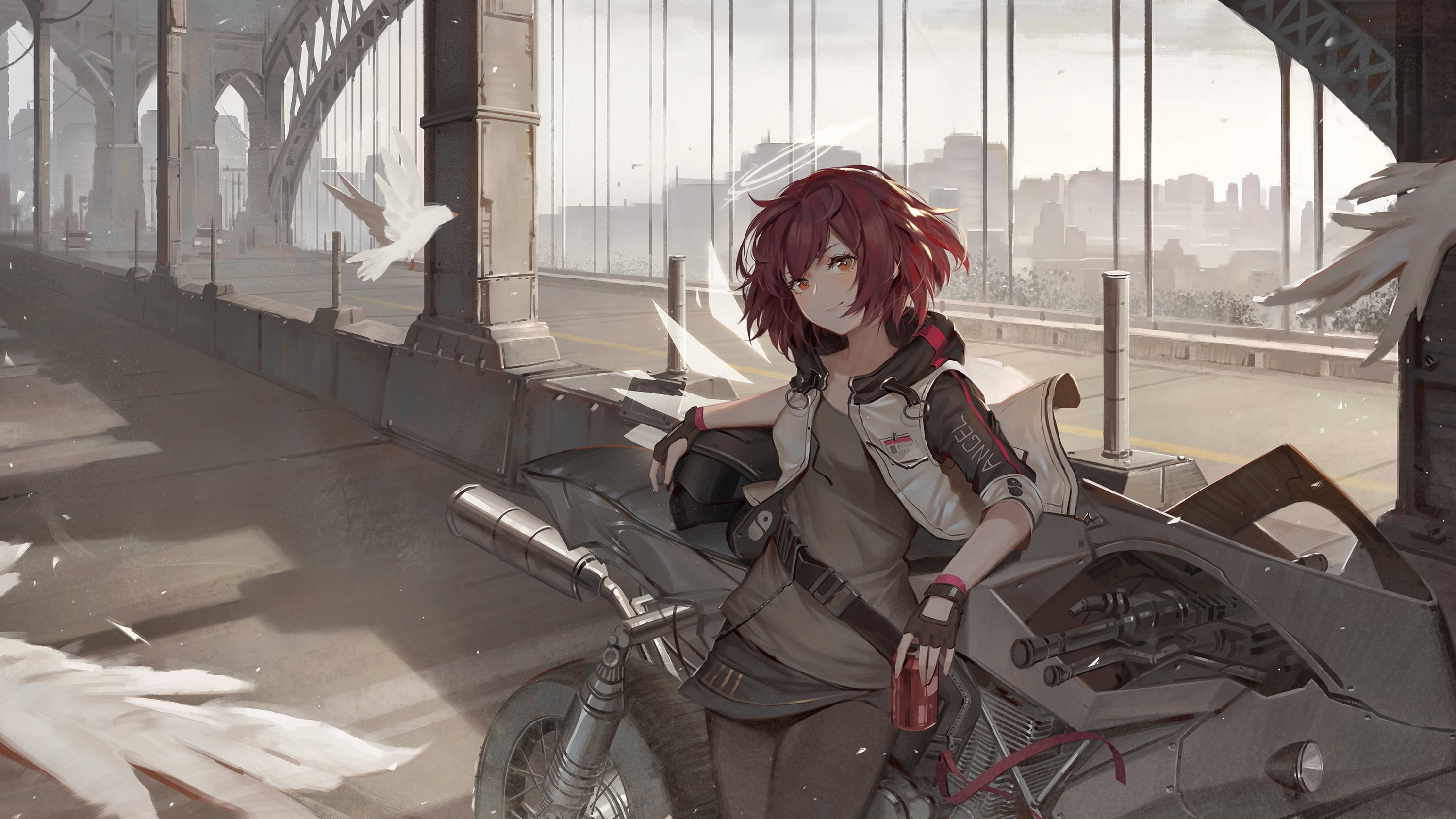 anime girls redhead looking at viewer motorcycle 2k