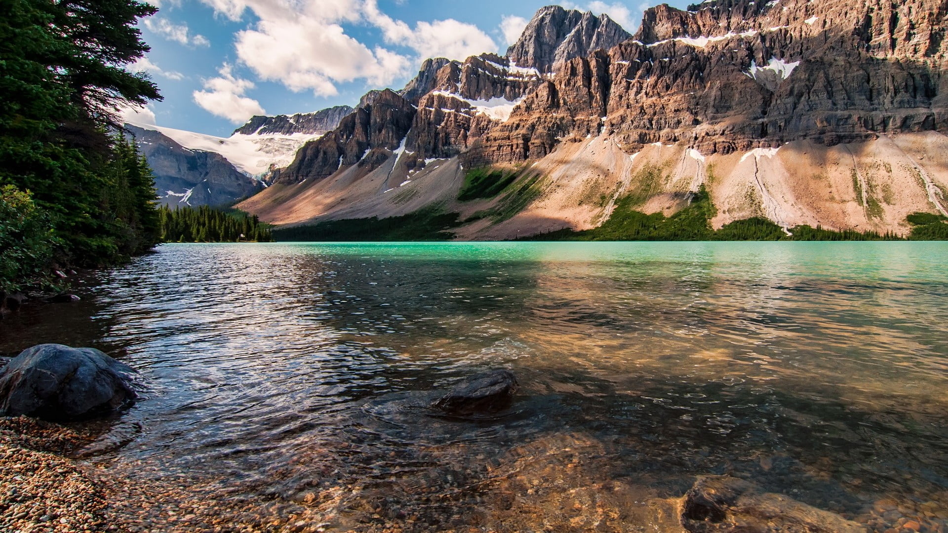 brown mountain beach mountains water Bow Lake Canada beauty in nature 2k