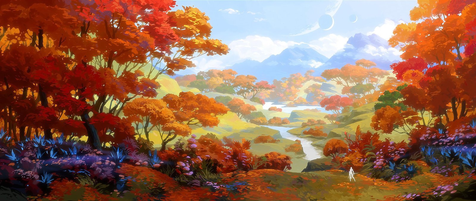 fantasy forest river sky trees landscape nature clouds 2k