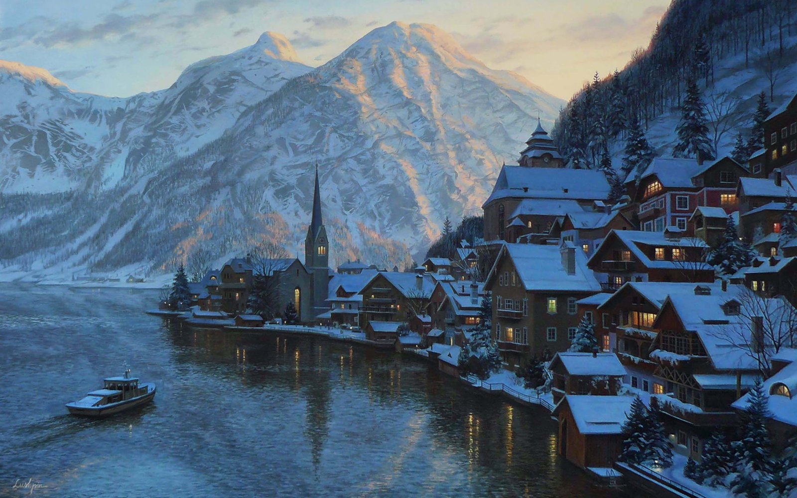 houses near body of water painting winter snow landscape sunset 2k