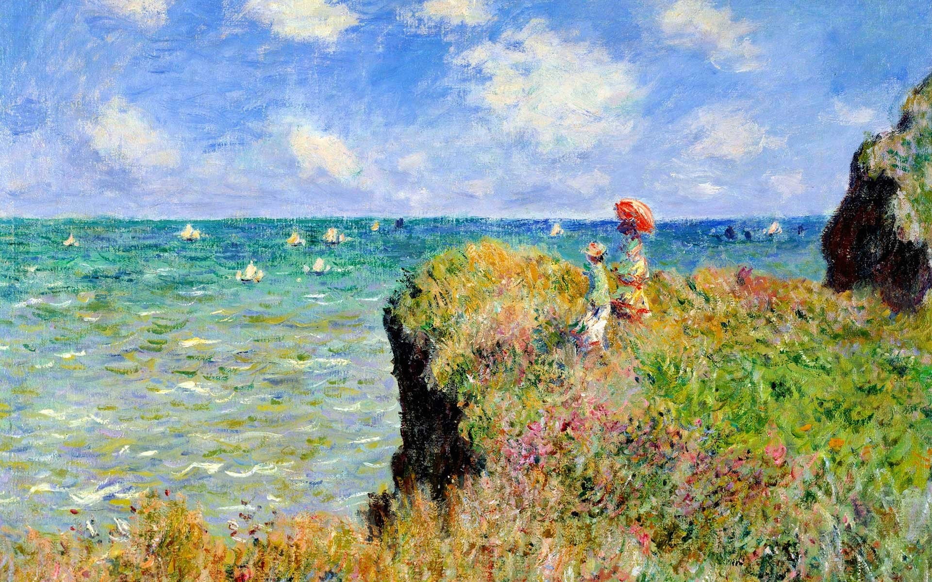painting of two people on cliff sea Claude Monet France parasol 2k