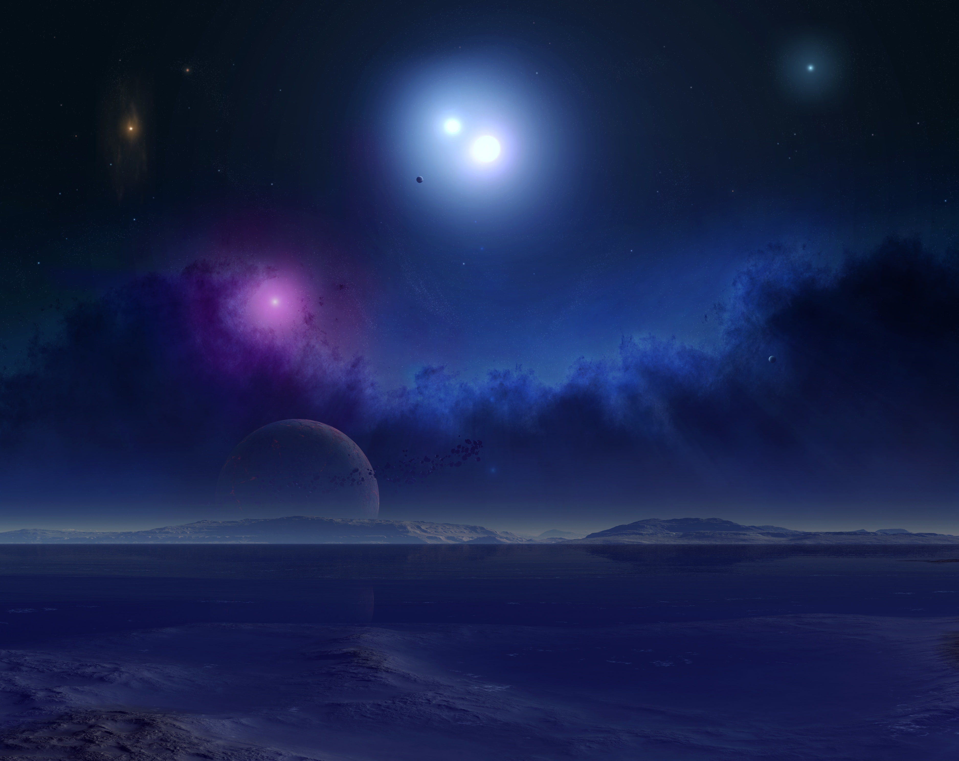 Science Fiction Scenery planets orbiting binary star system digital wallpaper 2k 4k