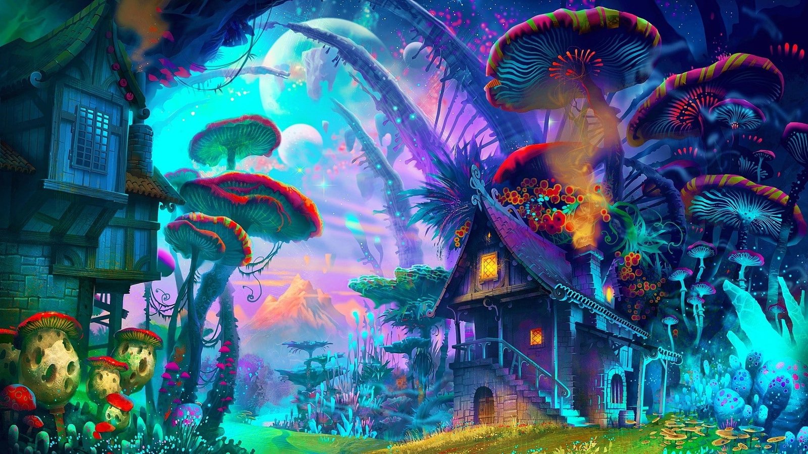 Colorful drawing fantasy Art house mountain mushroom nature 2k
