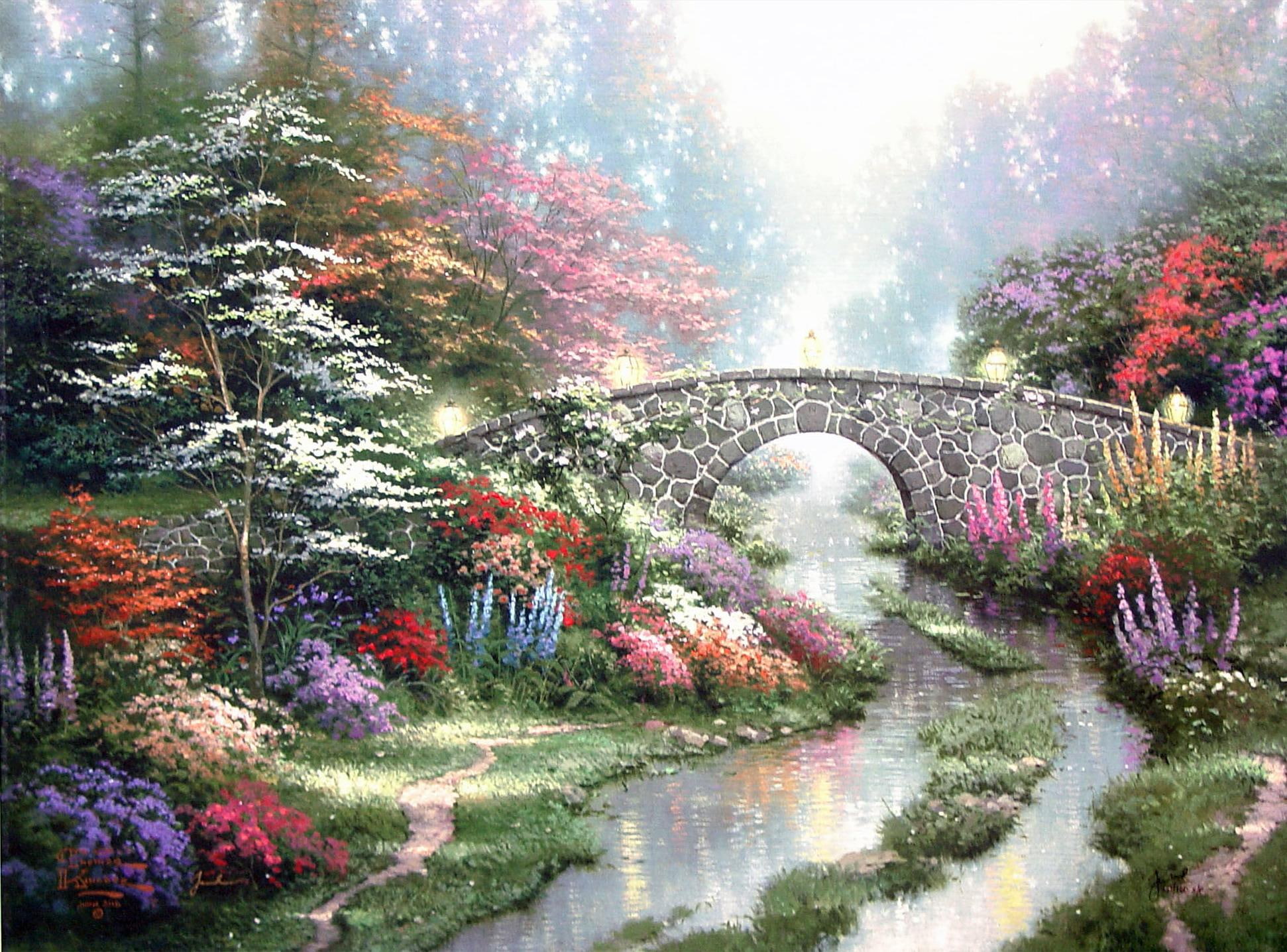 By Thomas Kinkade bridge flower nature river painting and abstract 2k
