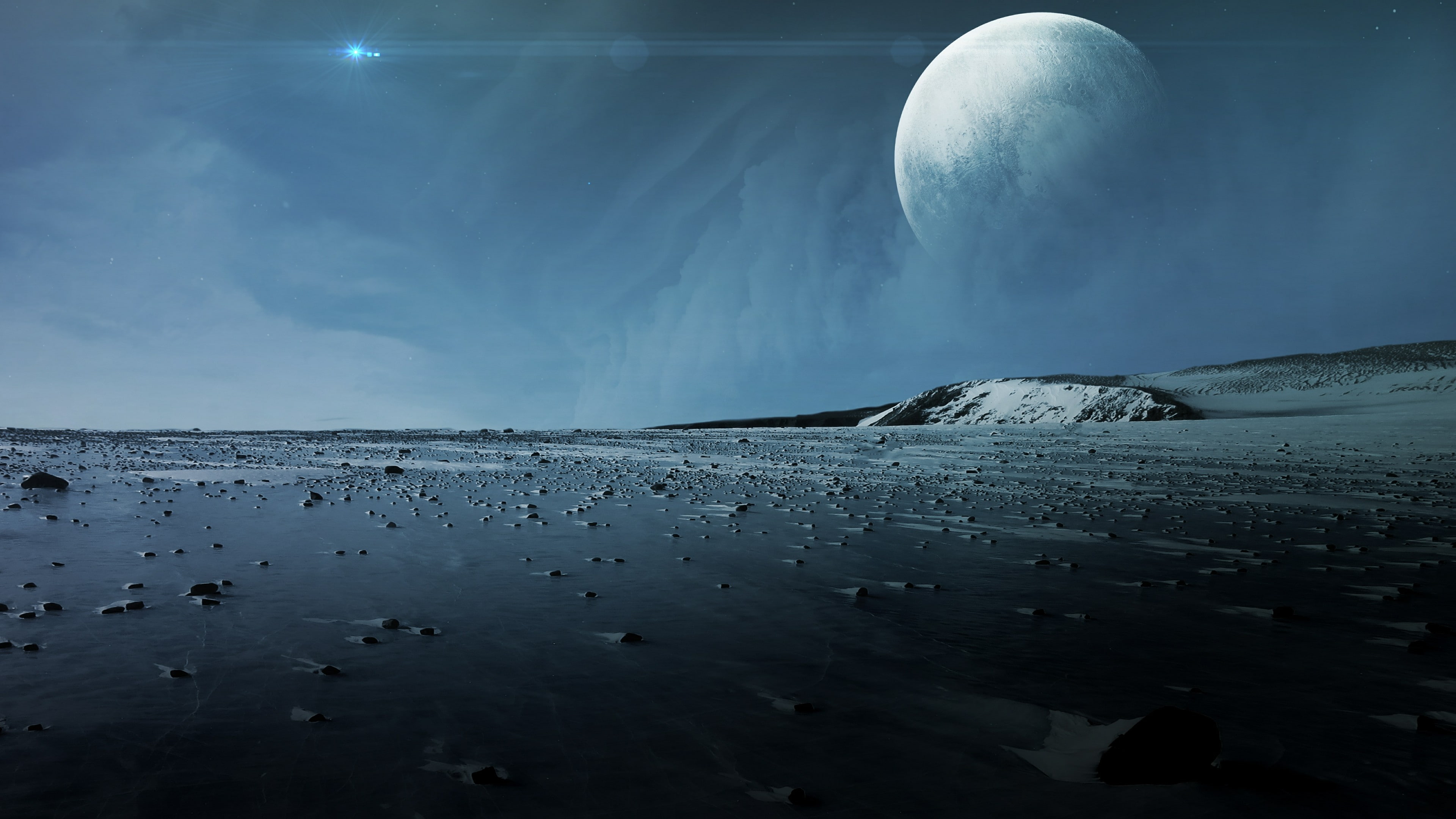 planet sky moon ice surface alien fantasy landscape 2k 4k