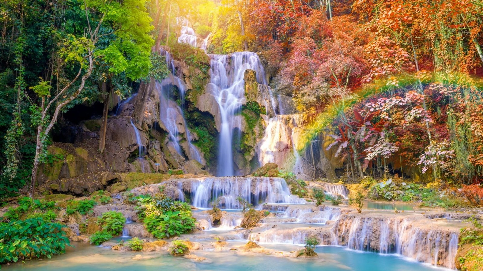 waterfall nature body of water vegetation kuang si falls 2k