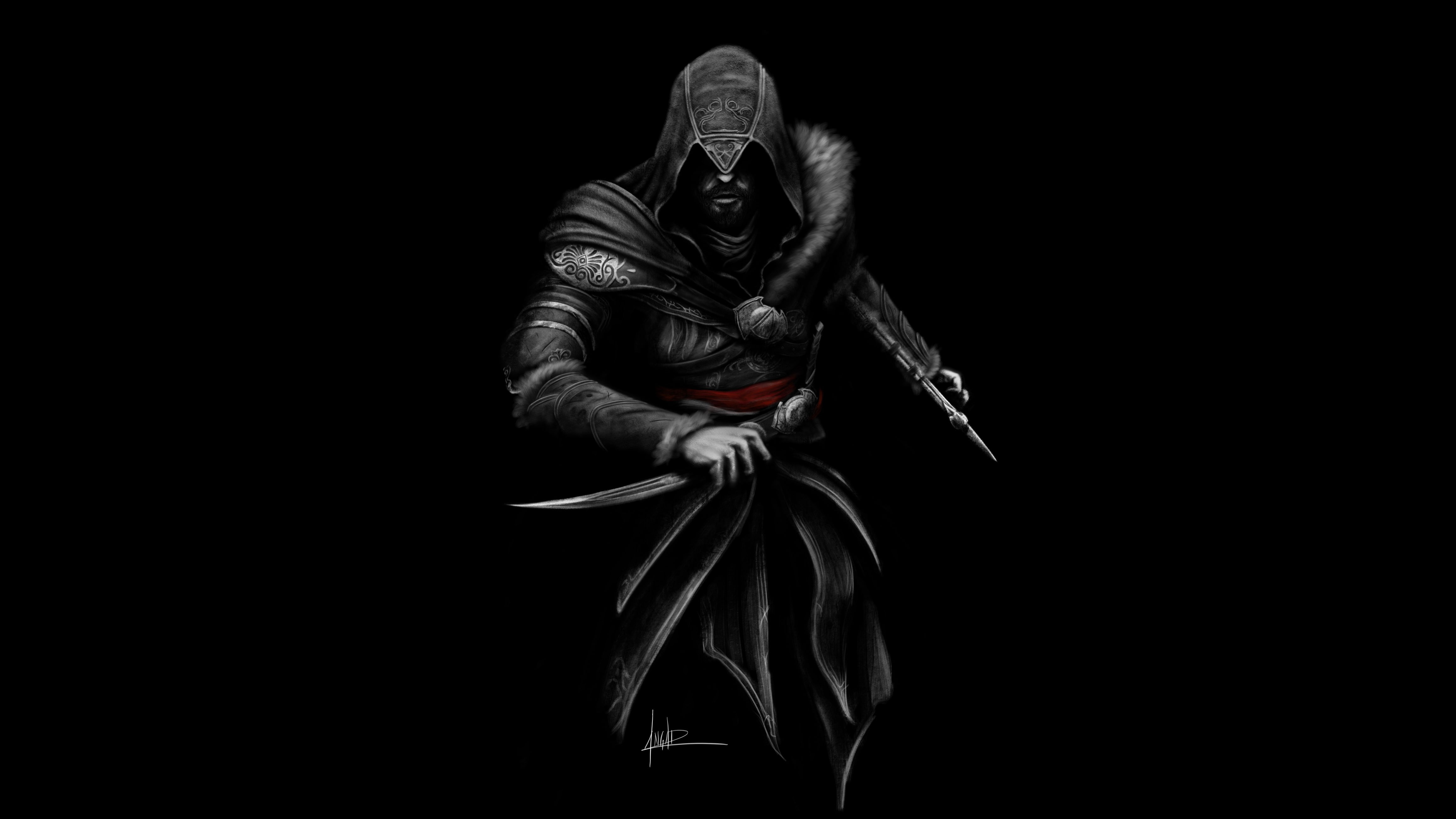 Fan art Assassins Creed Dark background Ezio Minimal Black 68 2k 4k 5k