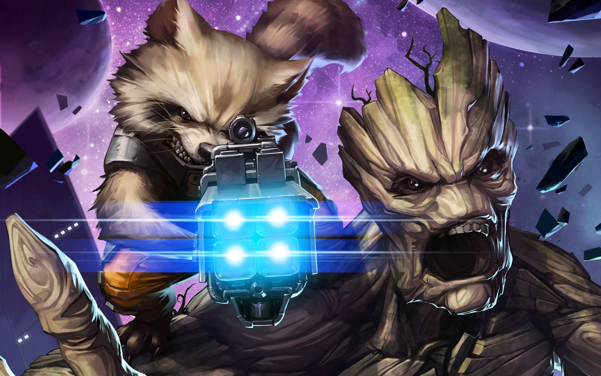 Rocket Groot Galaxy Superheroes Guardians indoors close up 2k