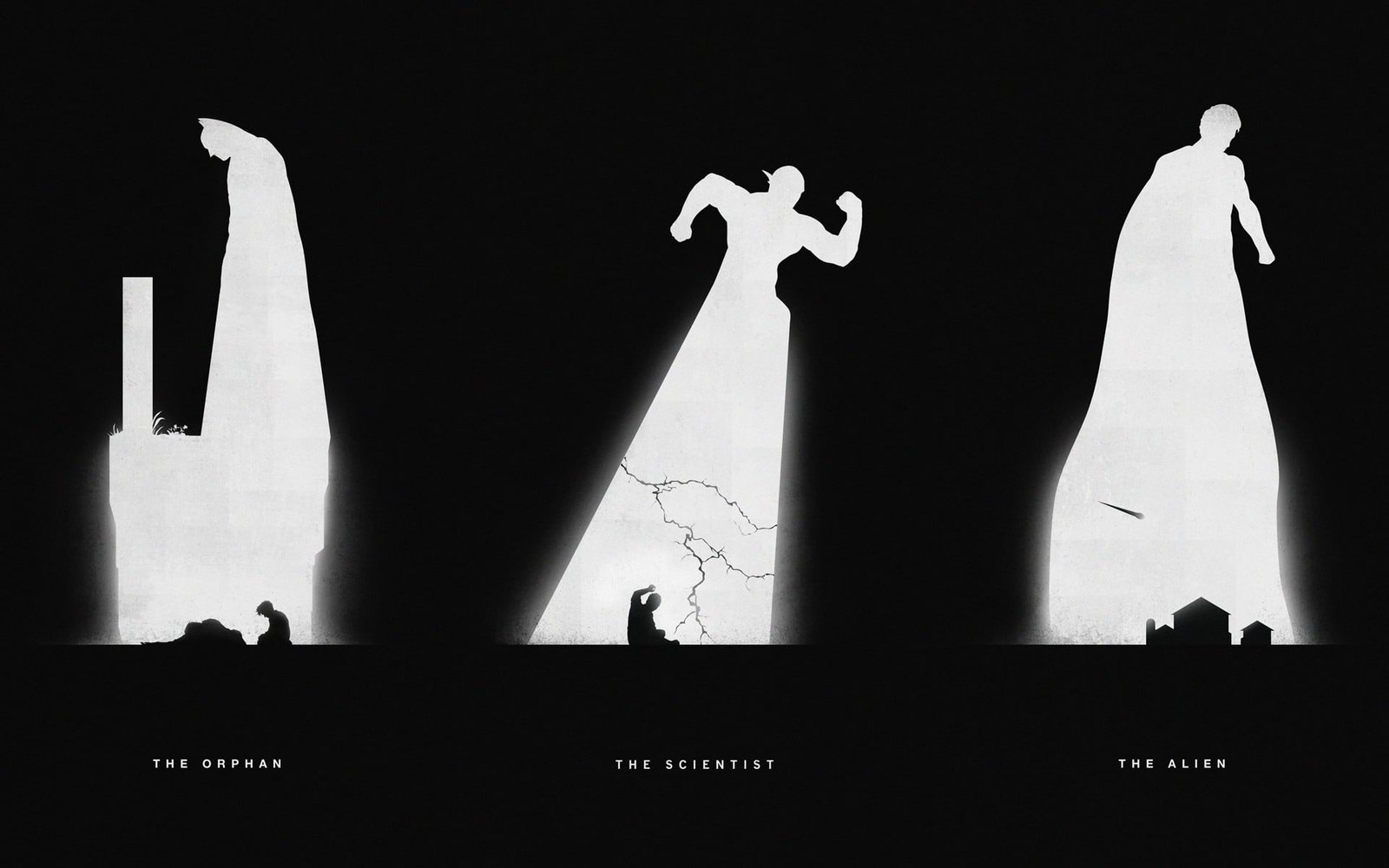 white and black poster three silhouette photo of peoples DC Comics 2k