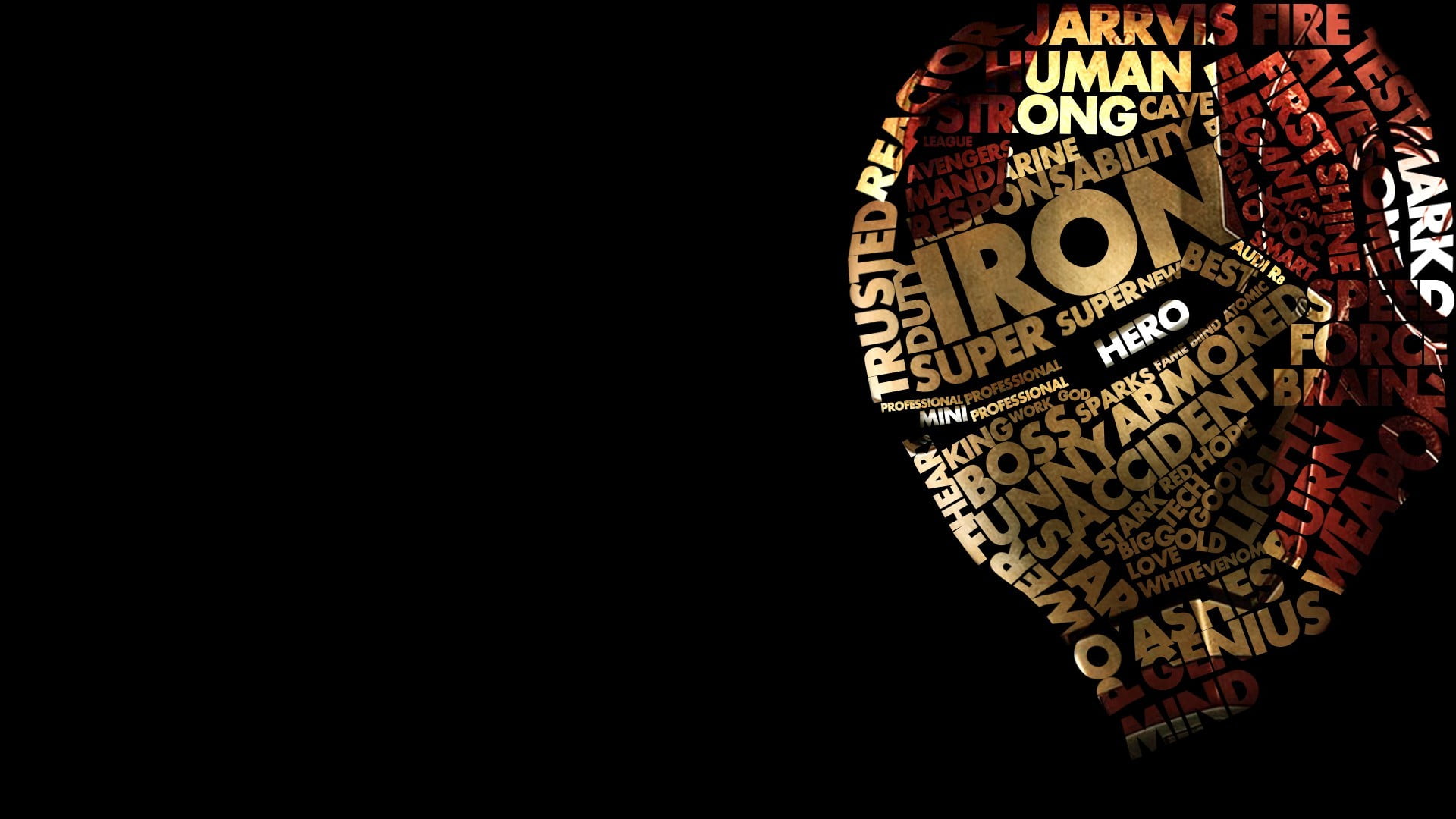 Iron Man mask fan art black background superhero typographic portraits 2k