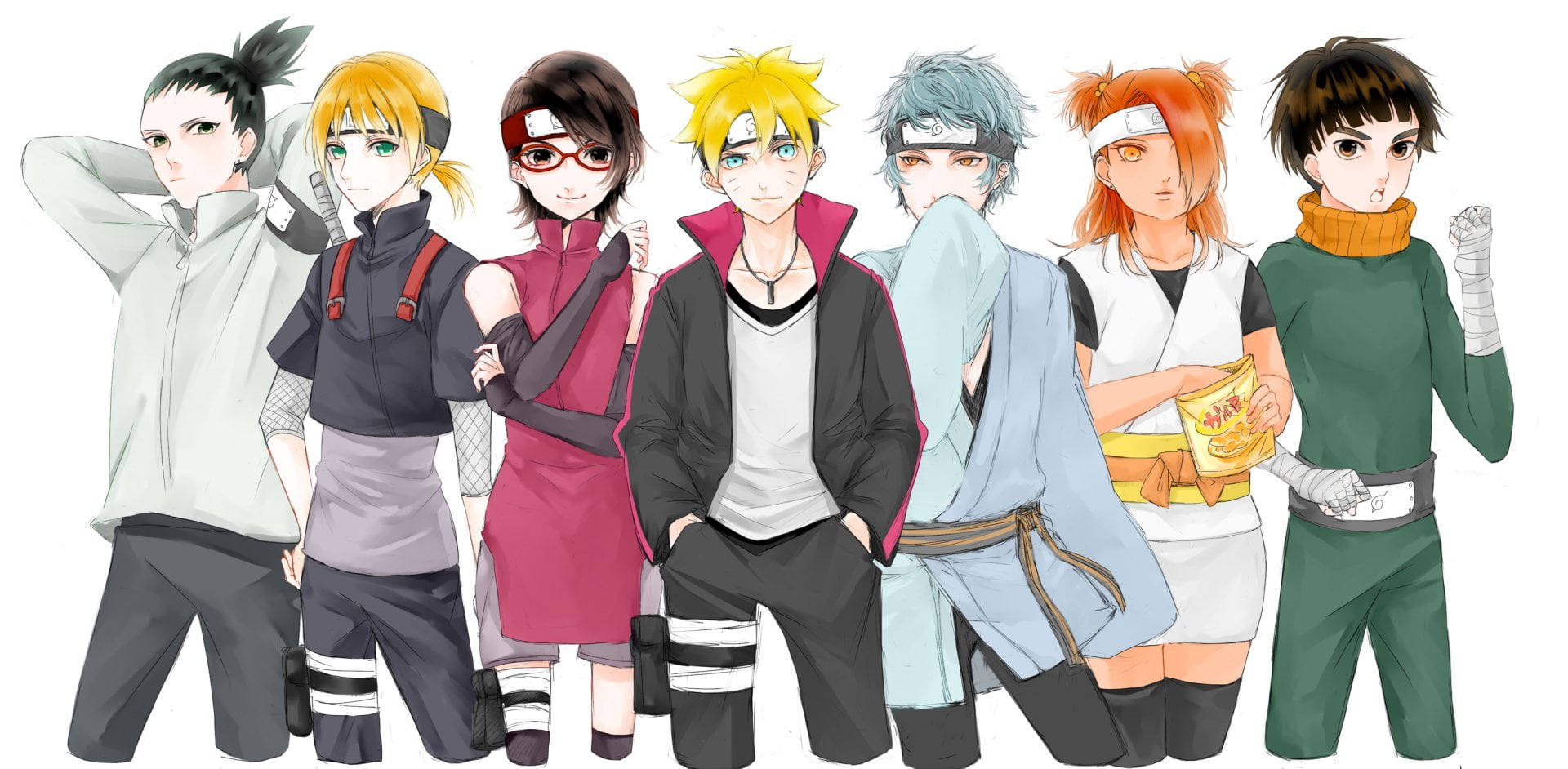 seven male and female anime characters wallpaper Boruto Uzumaki 2k